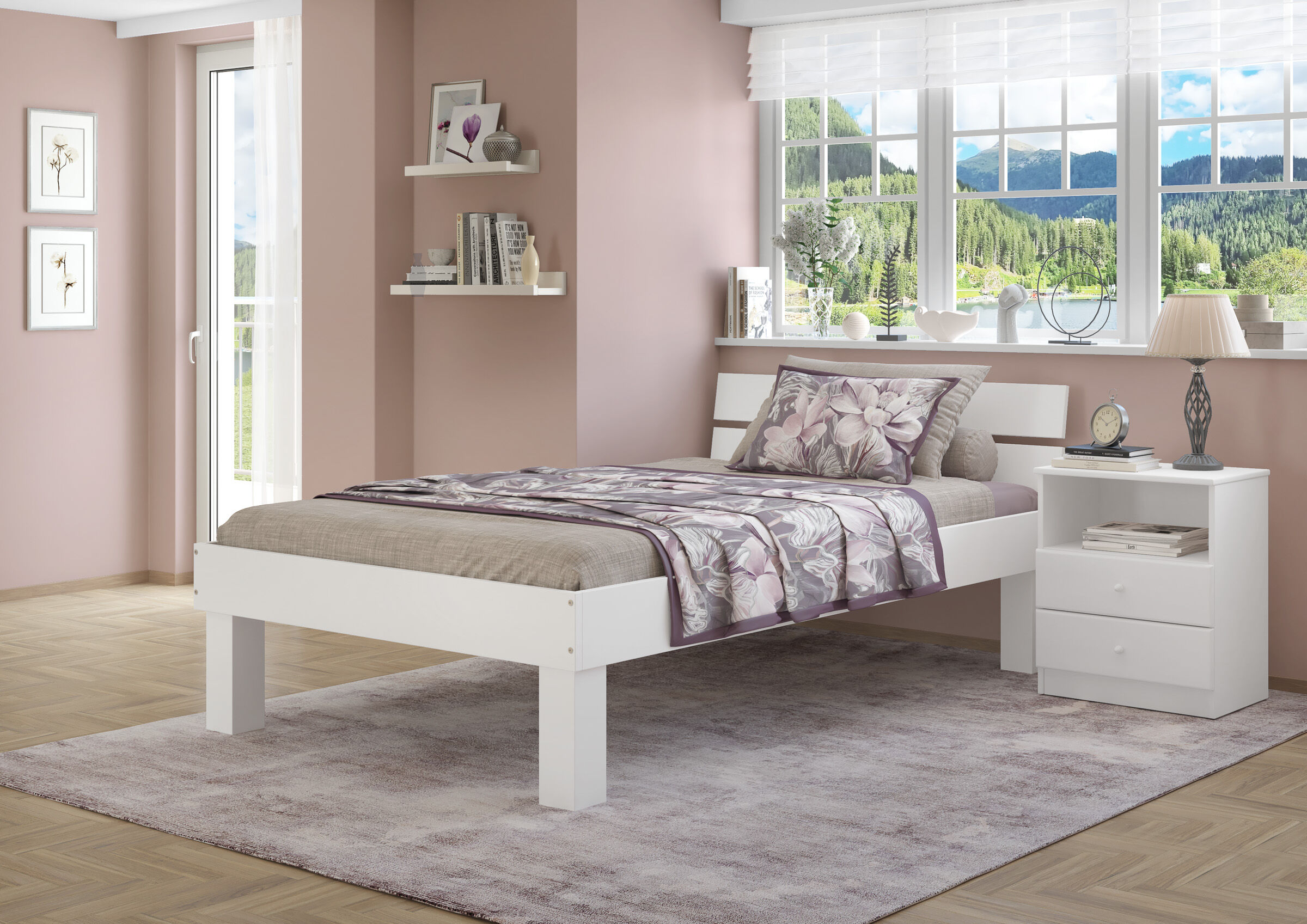 Bett, weißes Bett, lila Bettwäsche, Akzentwand, Nachttisch, Pfostenzubehör weiße Betten