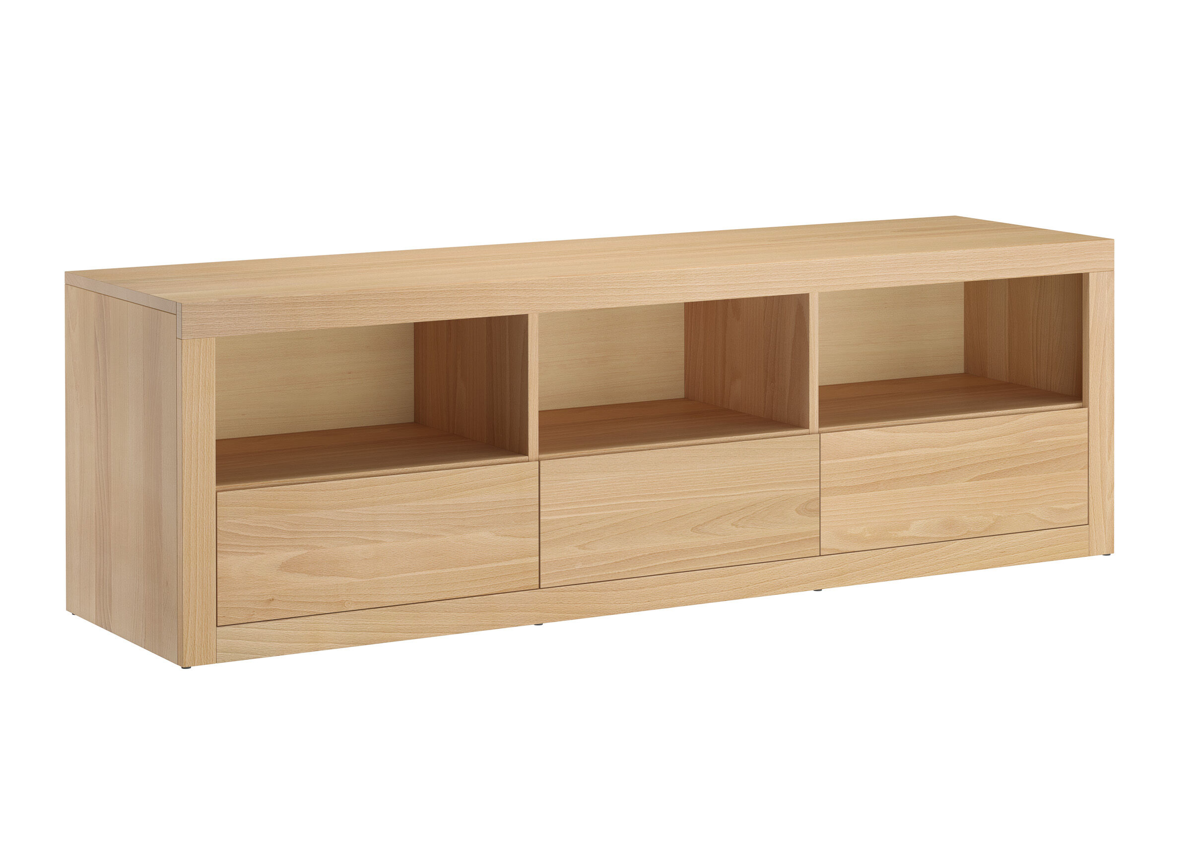 sideboard, lowboard, eiche- veneer, offene regale, schubladen, Zeitloser TV-Schrank aus Buche mit 3 Ablagen und 3 Schubladen