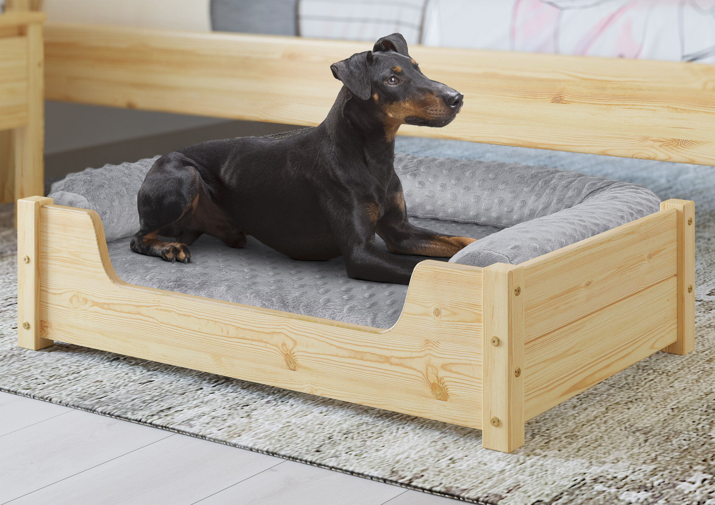 Hundebett, Holzbett, Dunkler Hund, Kuschelbett, Grau Plüschmatte, Hundebett für mittelgroße Hunde
