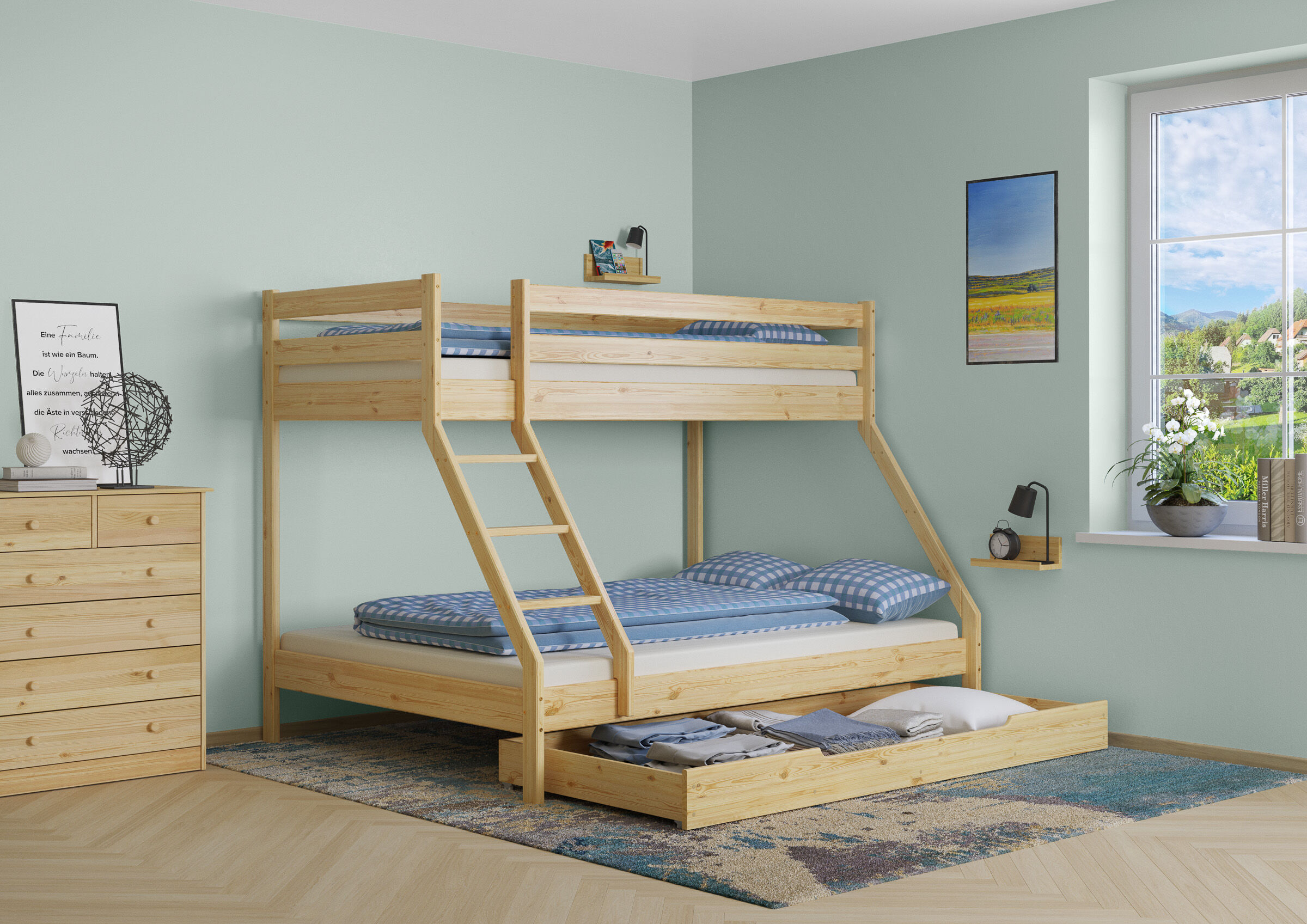 durchgehender Bettkasten Kiefer Moebel, Bett, Hochbett, Holz, Innenarchitektur, Etagenbett mit Bettkasten durchgehend