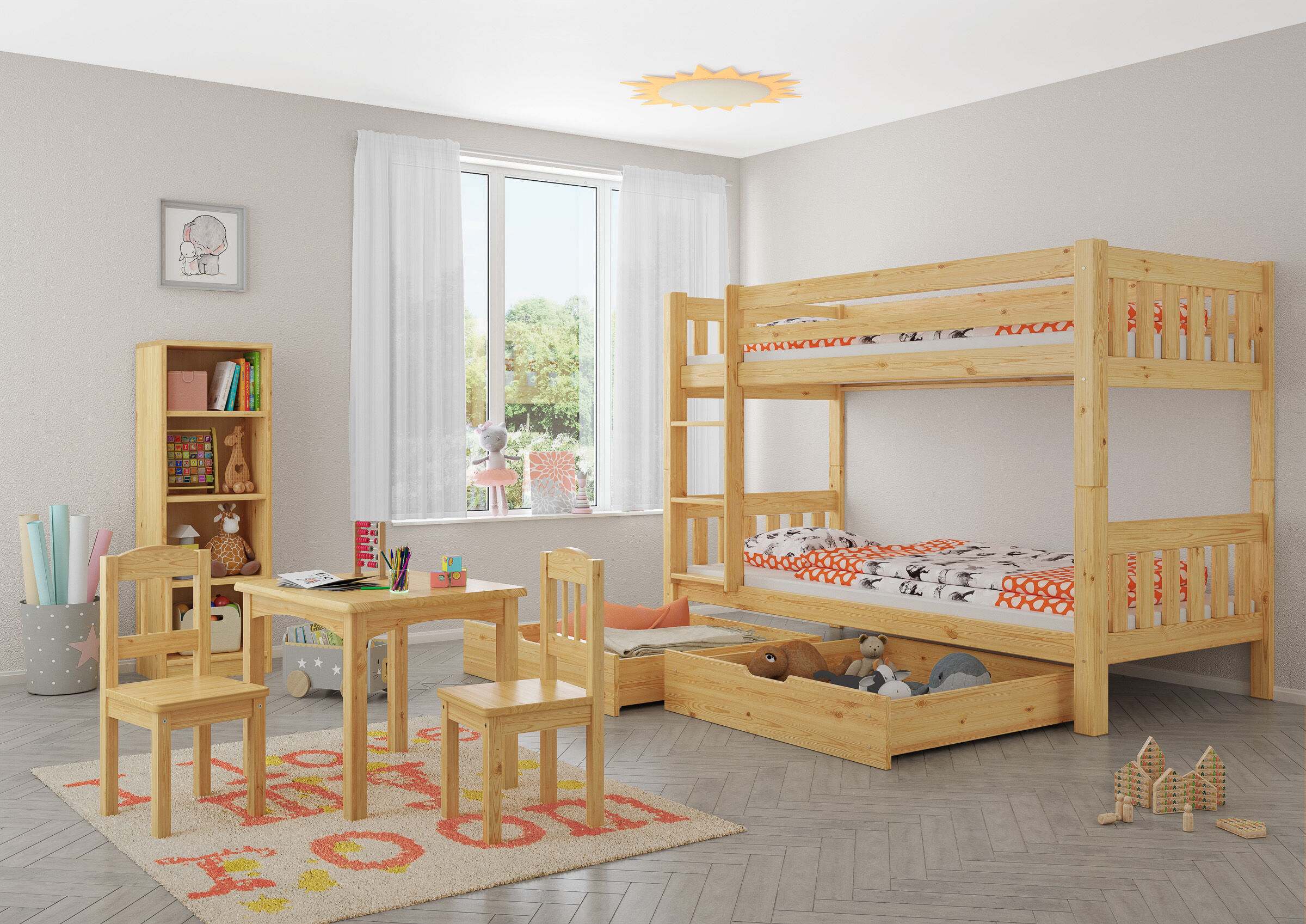 Kinderzimmer, Etagenbett, Holzmöbel, Bettkasten, Spielzeug, Schlichtes Stockbett aus Kiefer mit 2 Schubladen in Mädchenzimmer