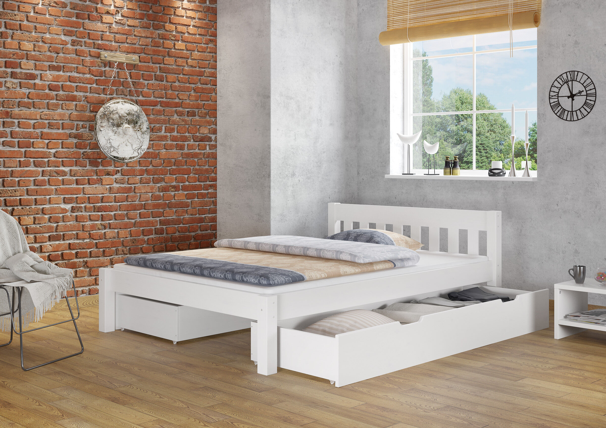Bett, Bettgestell, weiß, Schubladen-Aufbewahrung, Holzboden, Schlafzimmer mit Holzbett und Bettkästen Kiefer waschweiß