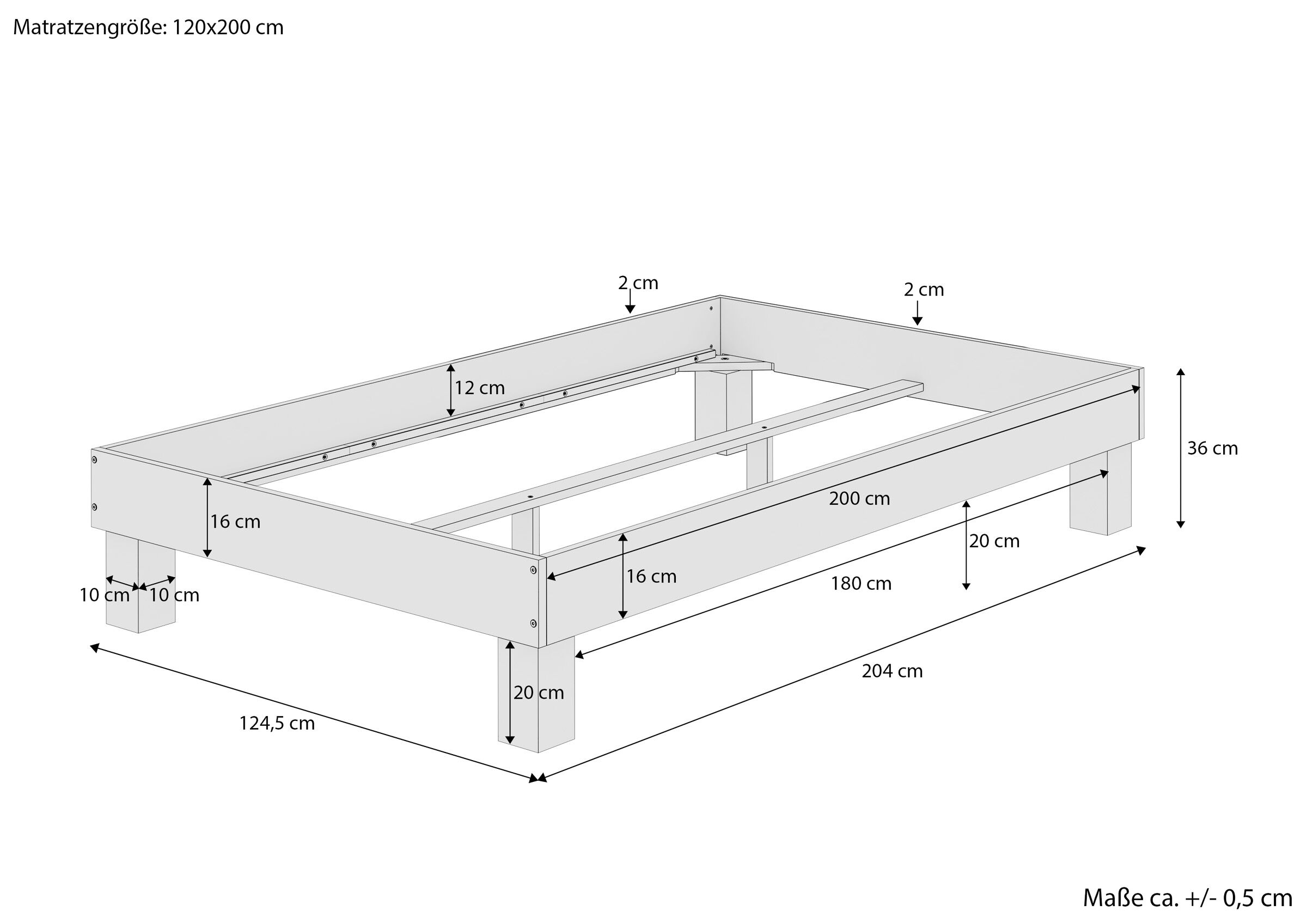 bettkasten, holzrahmen, leiterbett, matratzenbox, abmessungen 204x124,5 cm, Maßskizze Buchebett 120 x 200 cm