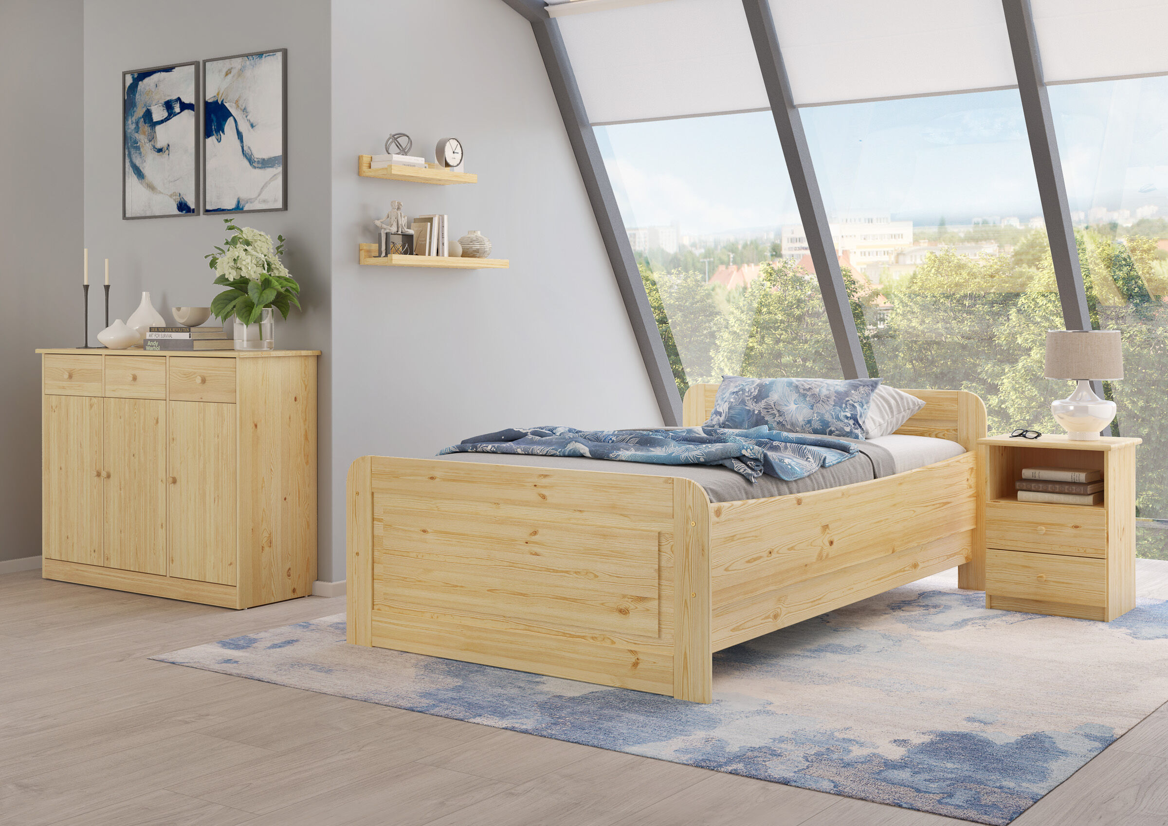 Bettgestell, Holzbett, Kiefernholz, Nachttisch, Bett, Schlafzimmerbild des Massivholzbettes 120x220 aus Kiefer