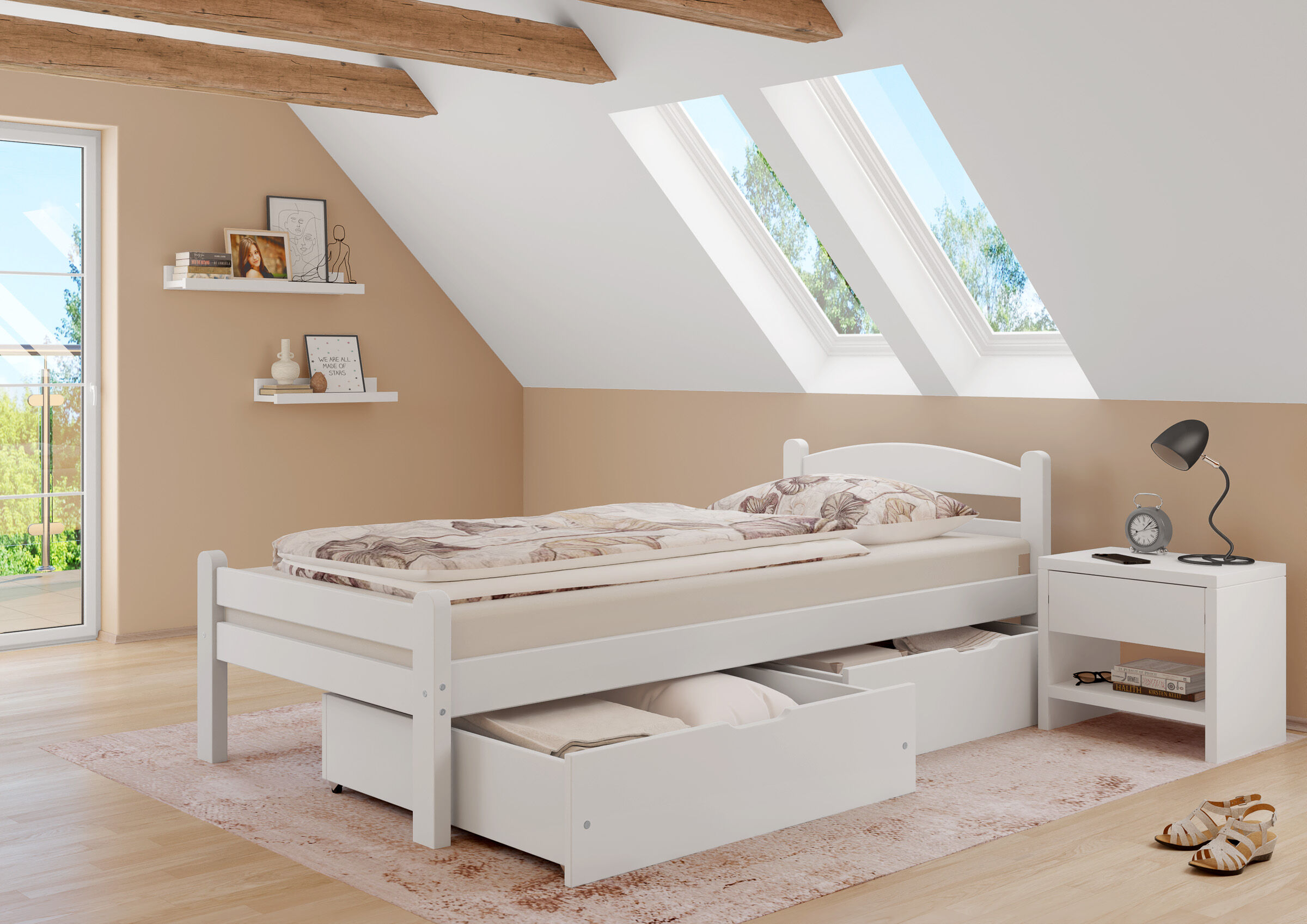 schlafzimmer, einzelbett, weiß, bettkasten, dachgeschoss, Praktische geteilte Schubkästchen weiß aus Buche
