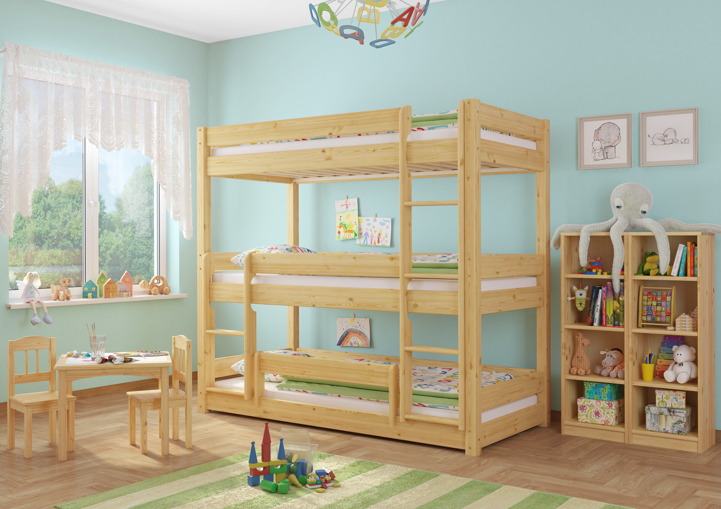 Bunkerbett, Kinderzimmer, Massivholz, Etagenbett, Buntes Spielzimmer, Dreier-Etagenbett mit Sicherung