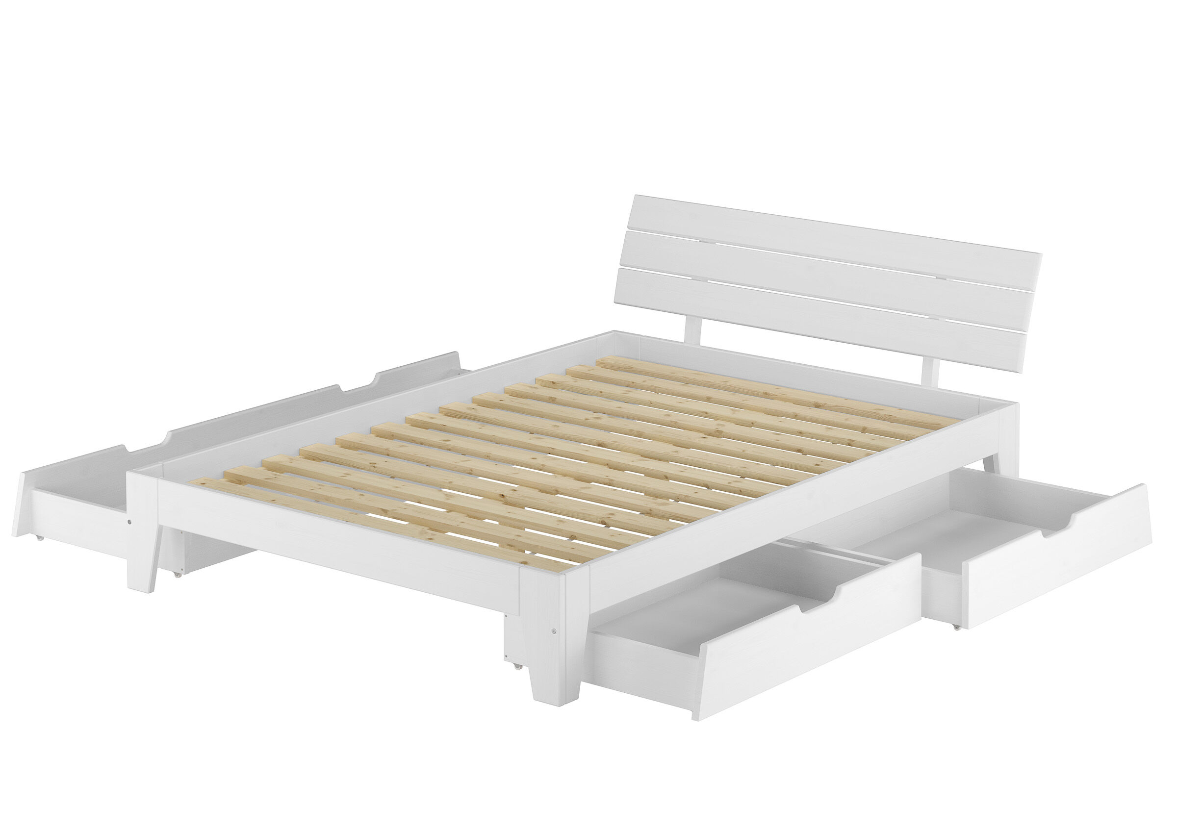 Bettrahmen, Bettgestell, Lattenrost, Holzlatten, weißes Bett, Doppelbett mit Bettkästen und Rollrost Kiefer weiß