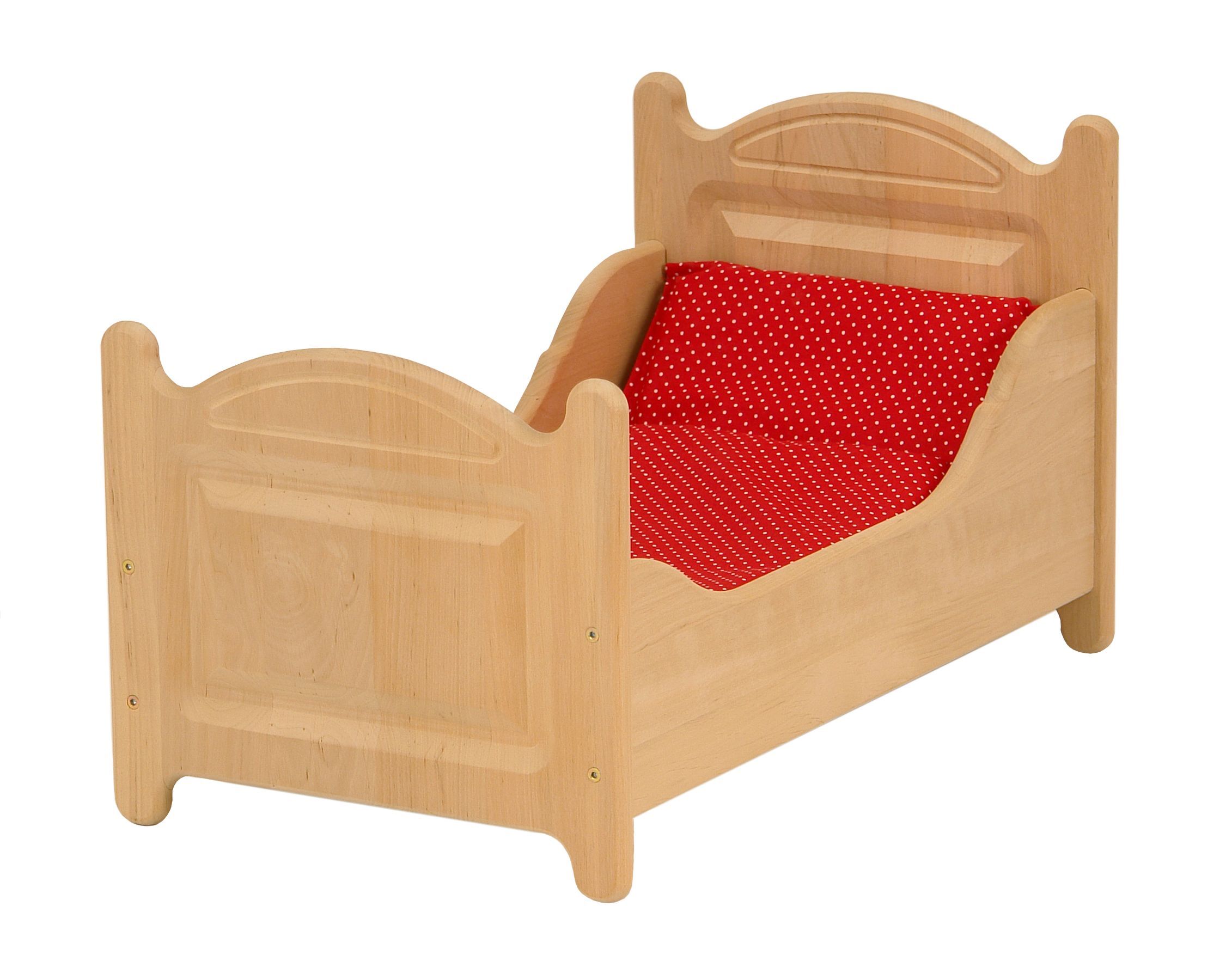 Kinderbett, Holz, Holzbett, roter Bezug, Polsterbezug, Puppenbett mit Zubehör