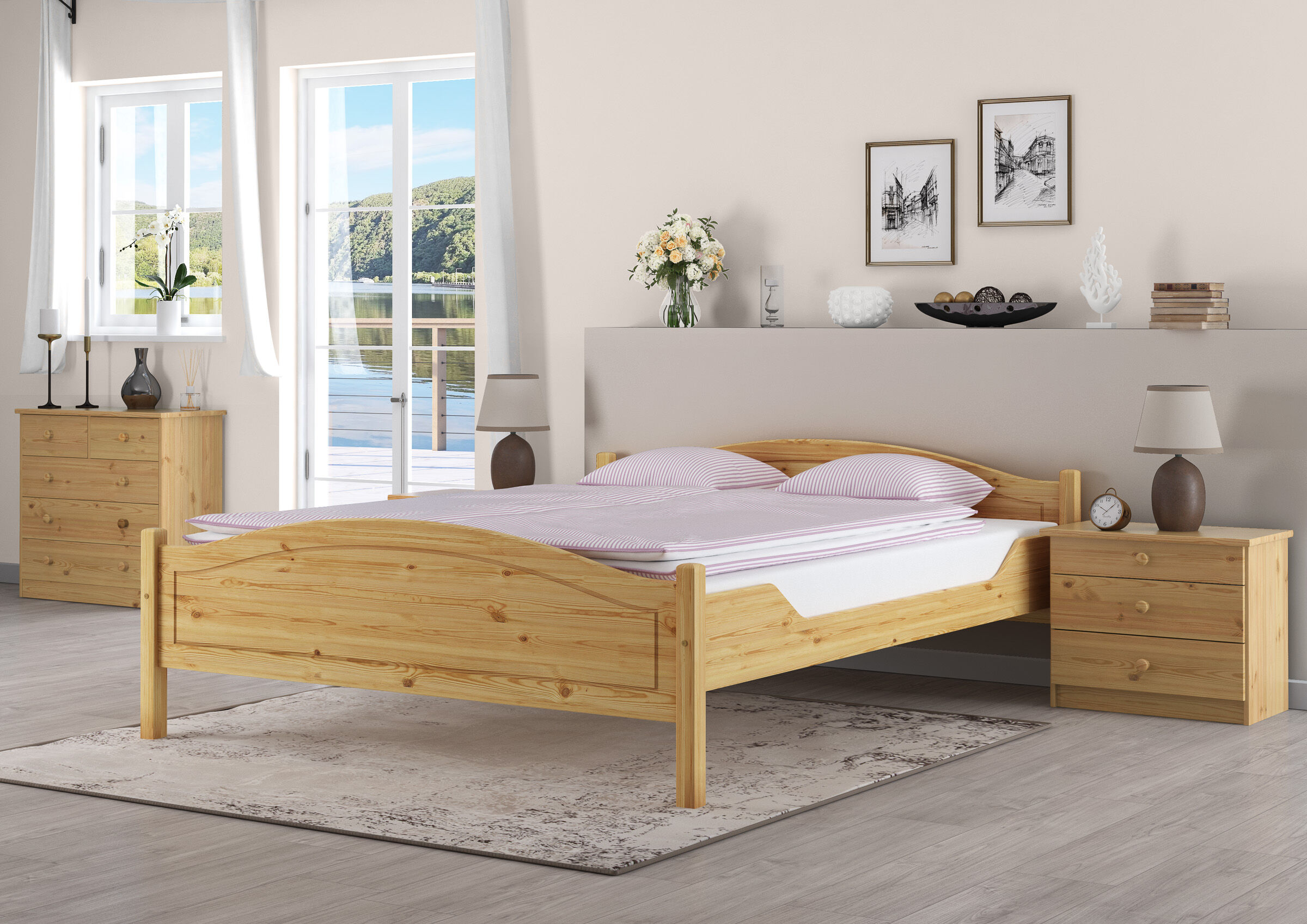 Holzbett, Kiefernholz, Bettgestell, Nachttisch, Dekoration, Gästezimmer mit Ehebett in Überlänge Kiefer natur