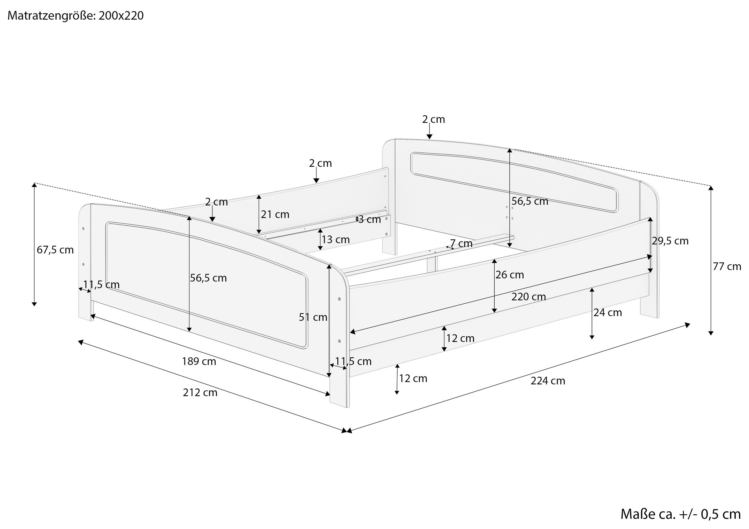 Diagramm, Handlung, CAD-Diagramm, Mobiliar, Maßskizze des überlangen Bettes 200x220