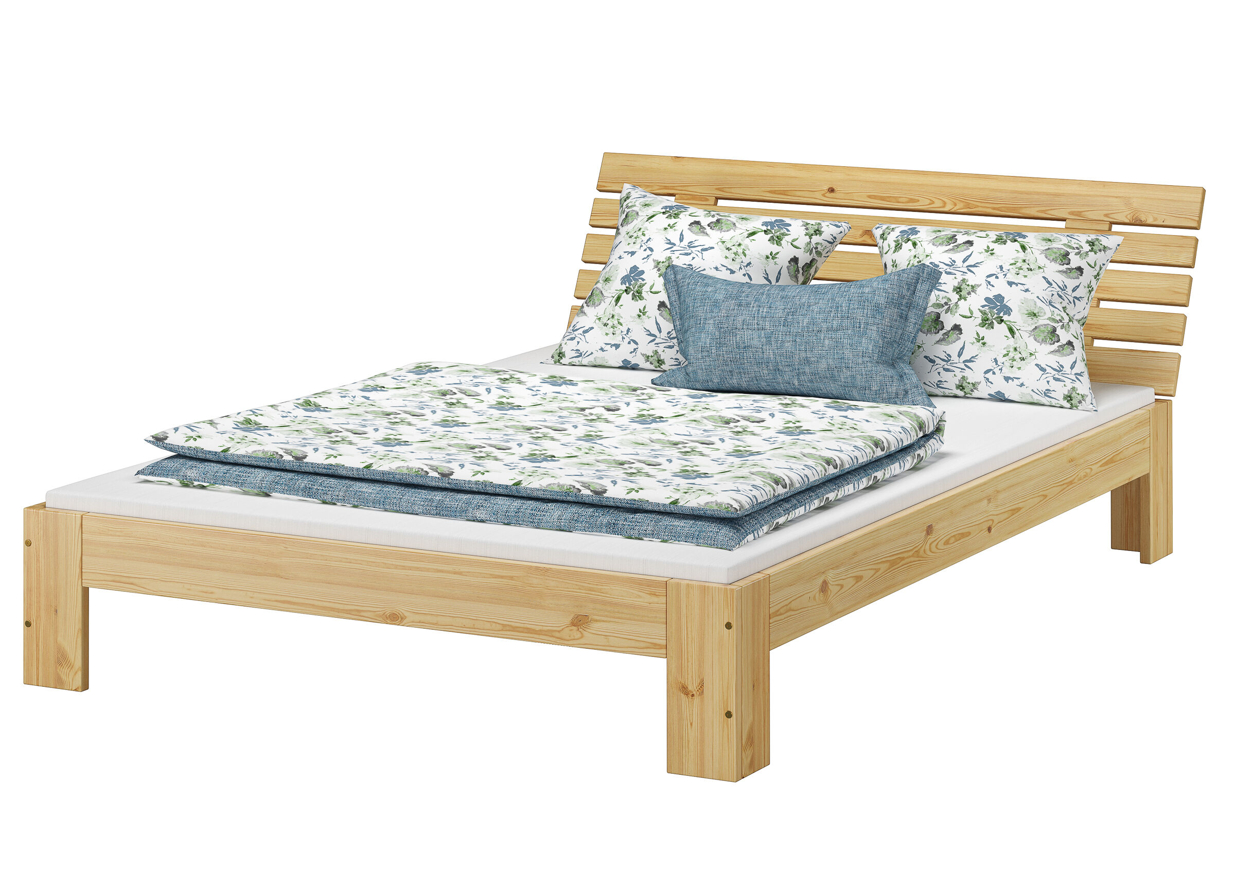 holzbettrahmen, bett, bettgestell, bettwäsche, blumenmuster, Doppelbett Kiefer natur mit Matratze