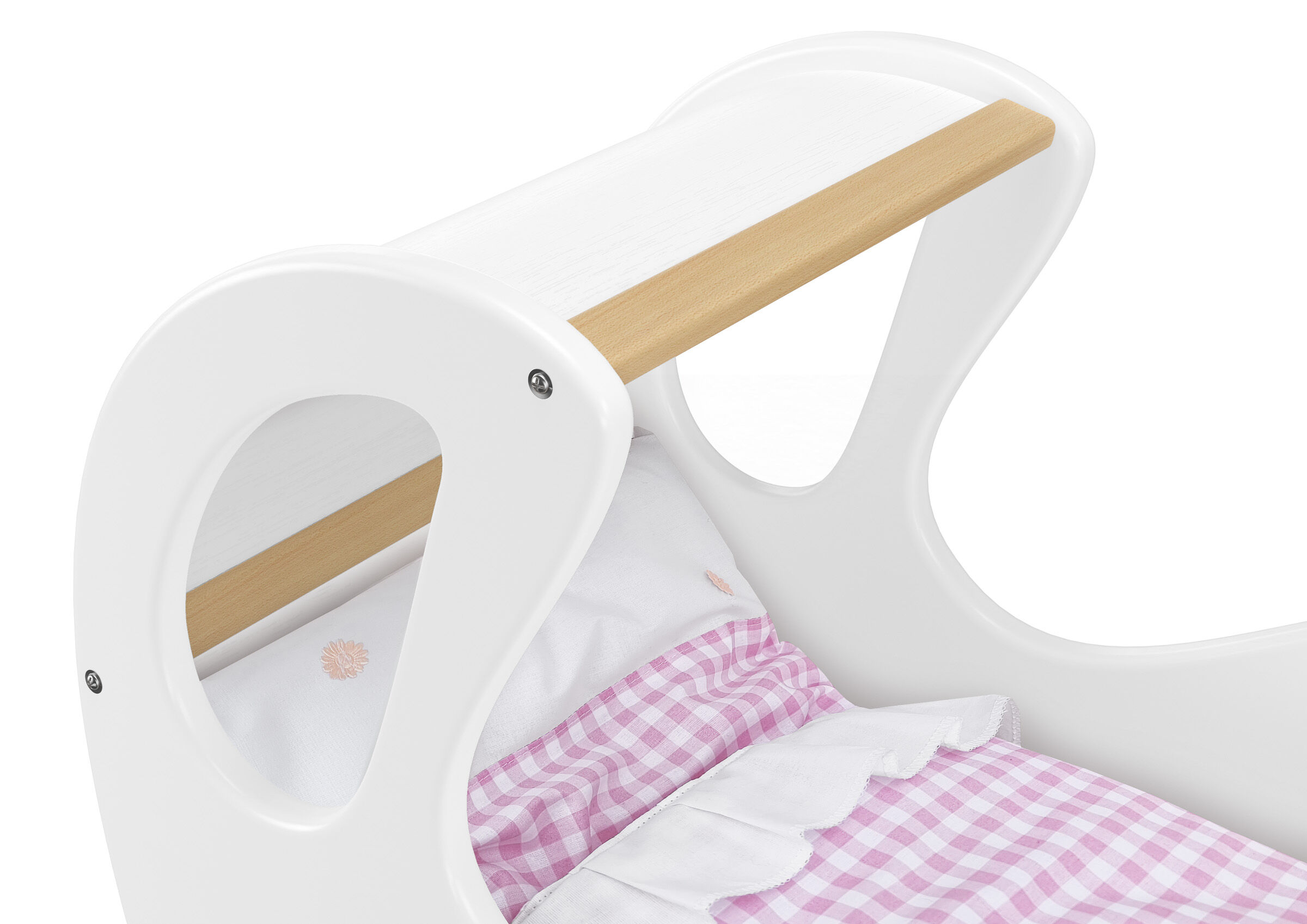 Kinderbett, Babywiege, Holzseitenschutz, Rosa Karo, Weißes Holz, Detailbild Puppenwagen weiß