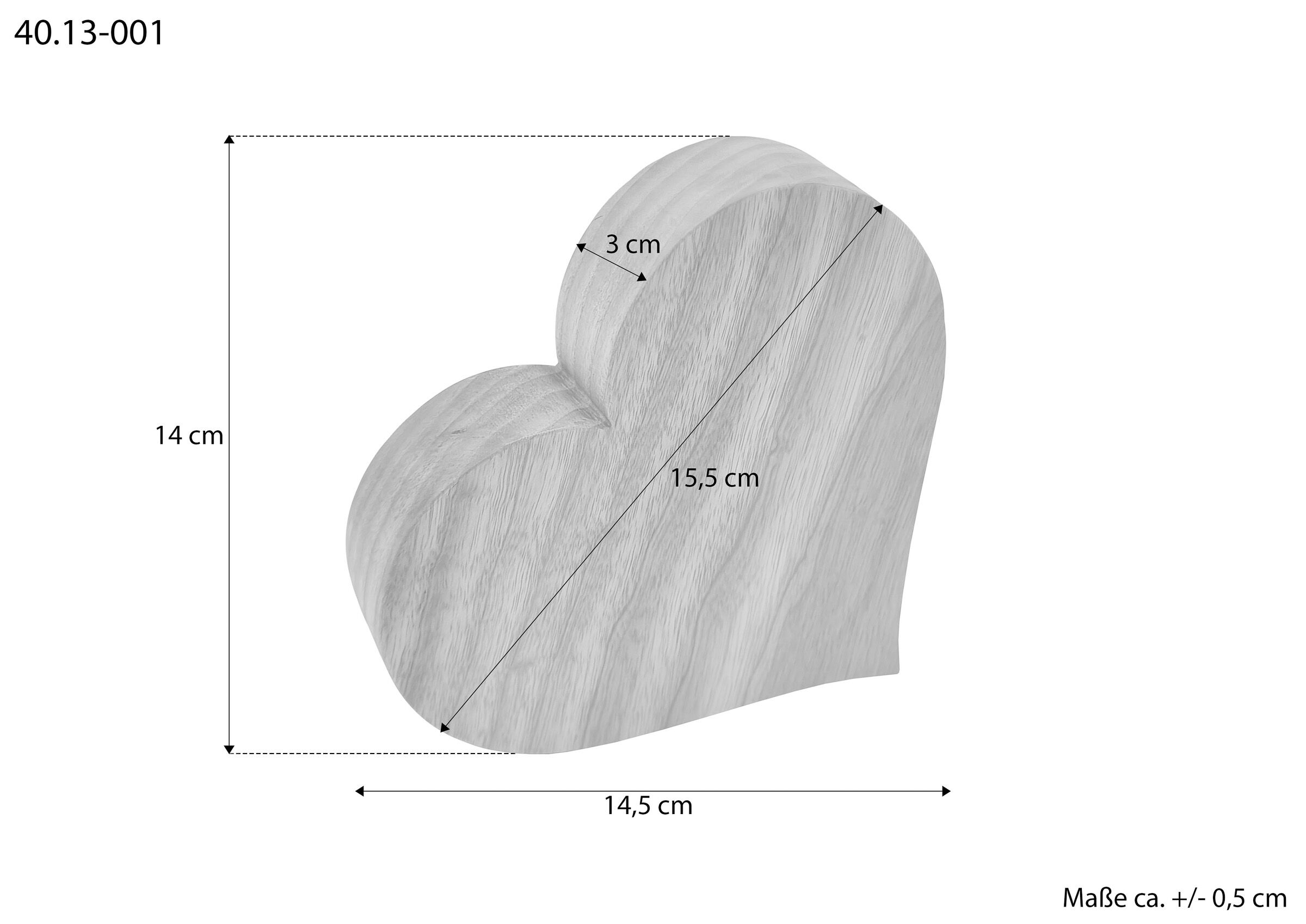 Herzform-Objekt, Holzmaserung, Holzfigur, Dekoration, Sockelhöhe ca. 0,5 cm, Maßskizze des Herzes 15 cm