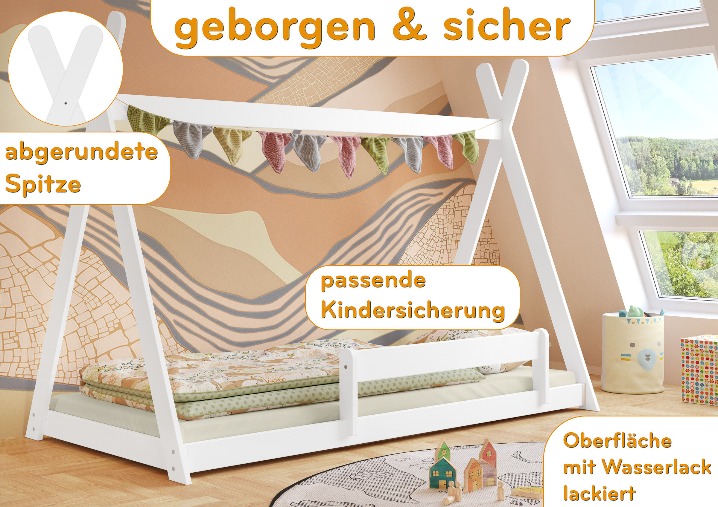 Kinderzimmer, Etagenbett, Holzbett, Musterwand, Wasserlackiert, Highlights des waschweißen Tipi-Bettes 90x200