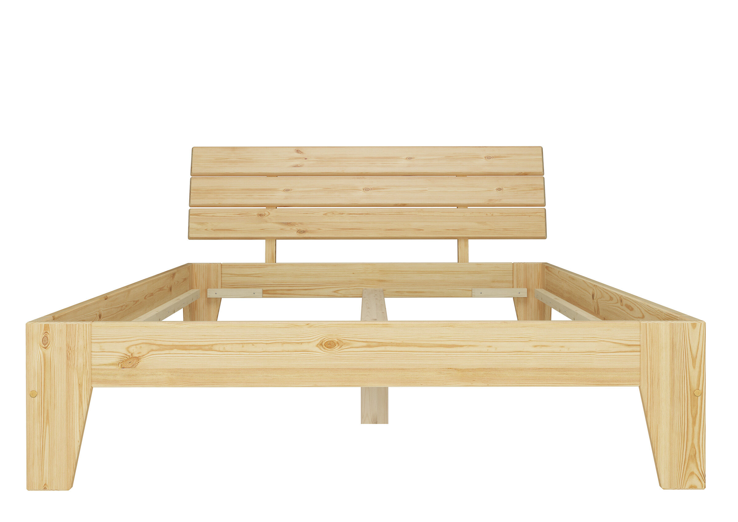 Holzbettrahmen, Holzbank, Palettenholz, Massivholz, Bettrahmen, Vorderansicht Futonbett Kiefer natur