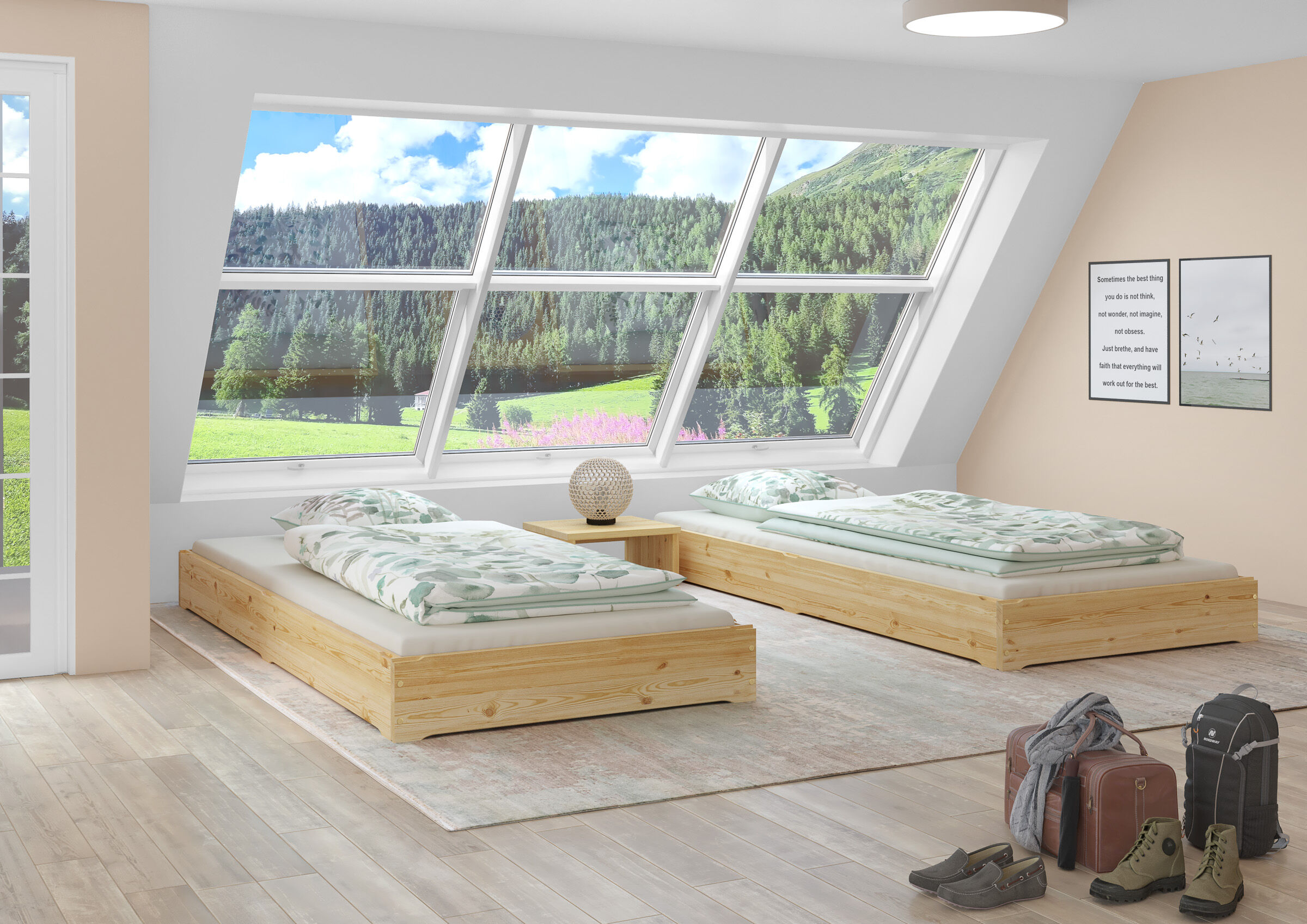 Zimmer, Bett, Holzbett, Dachfenster, Kissenbett, Zwei Kieferbetten 90x200 im Schlafzimmer
