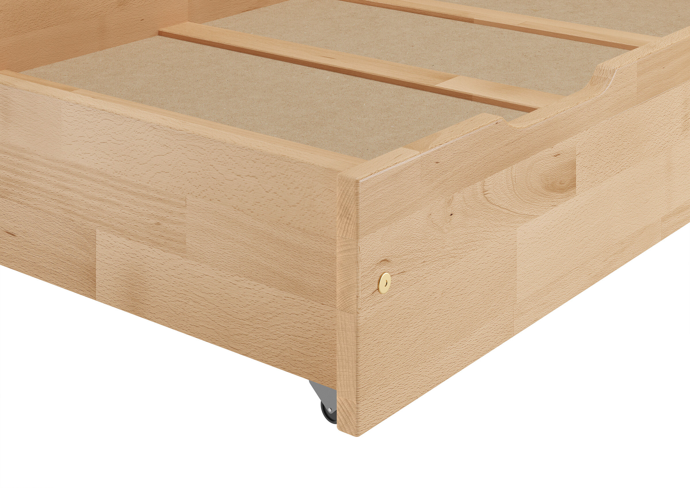 Holzbett, Bettkasten, Holzfarbe, Lattenrost, Rollenfuß, Detailbild der Buchenholzschublade