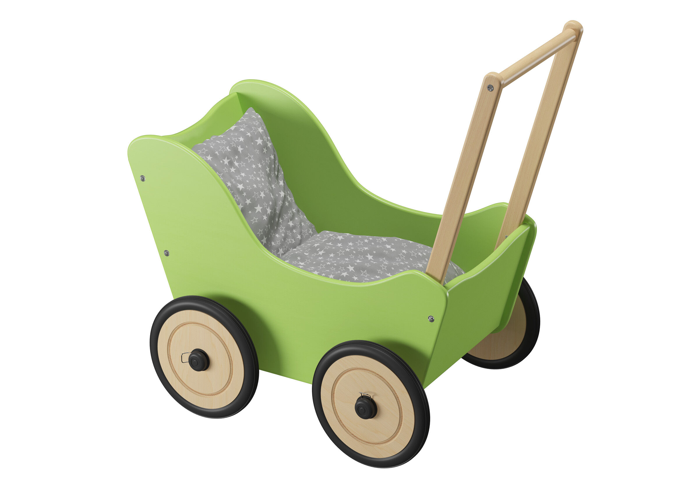 Kinderwagen, Holzwagen, Grün, Sessel mit Kissen, Räder aus Holz, grüner-Puppenwagen-Lauflernhilfe