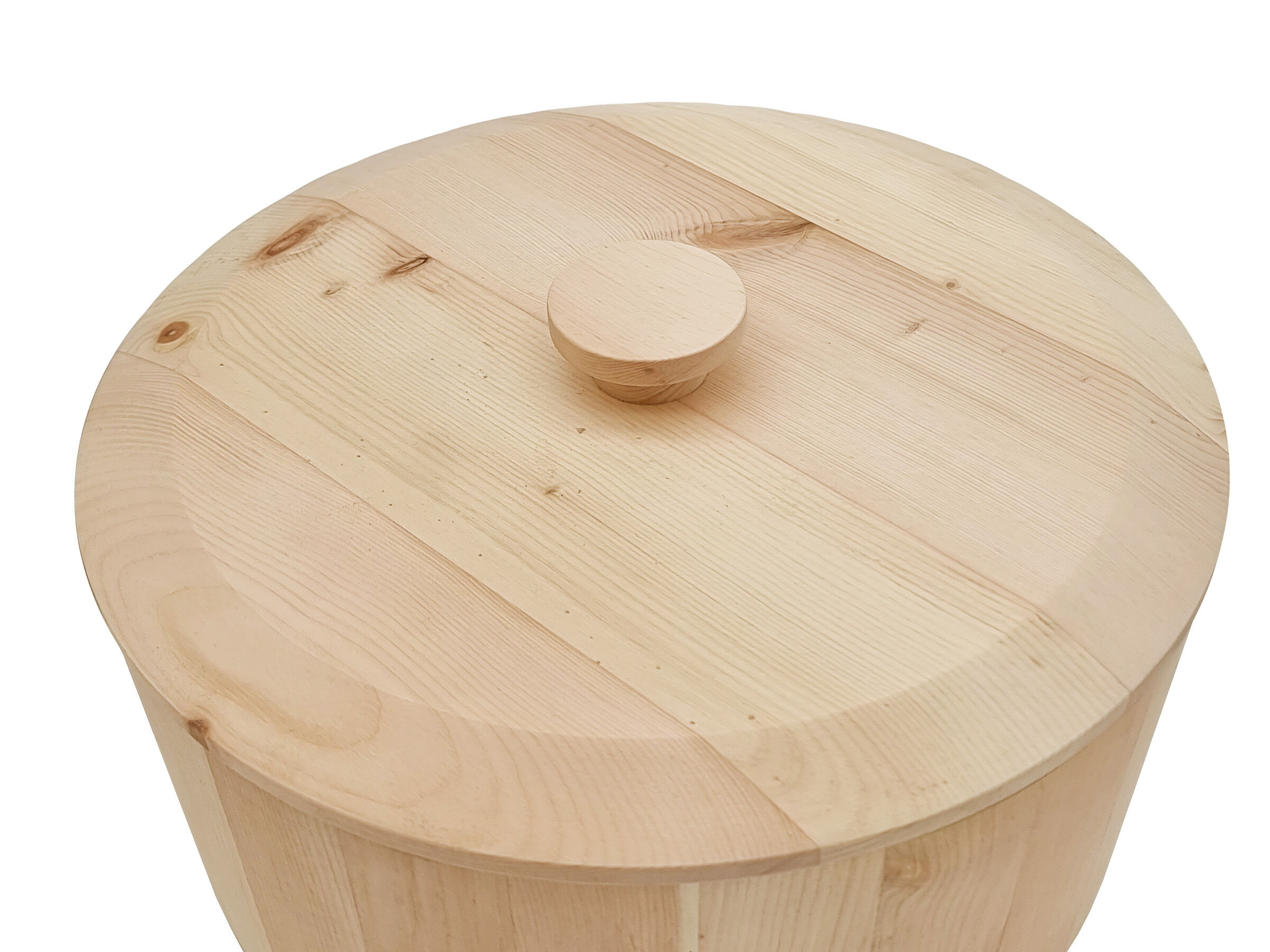Holzkessel, Holztopf, Deckel, Naturholz, Holzgefäß, Deckel vom Borttopf aus Zirbenholz Detailansicht