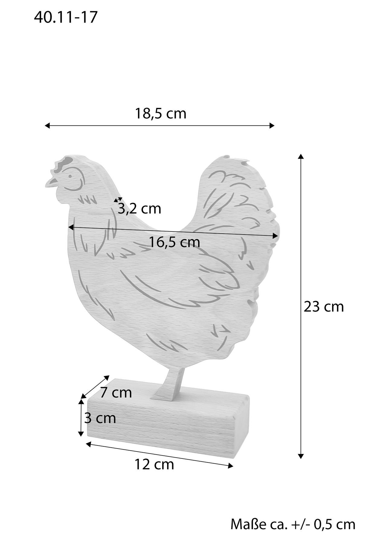 Huhn, Holzfigur, Huhn aus Holz, Dekofigur, Standfigur, Maßskizze des Holz-Huhns aus Buche