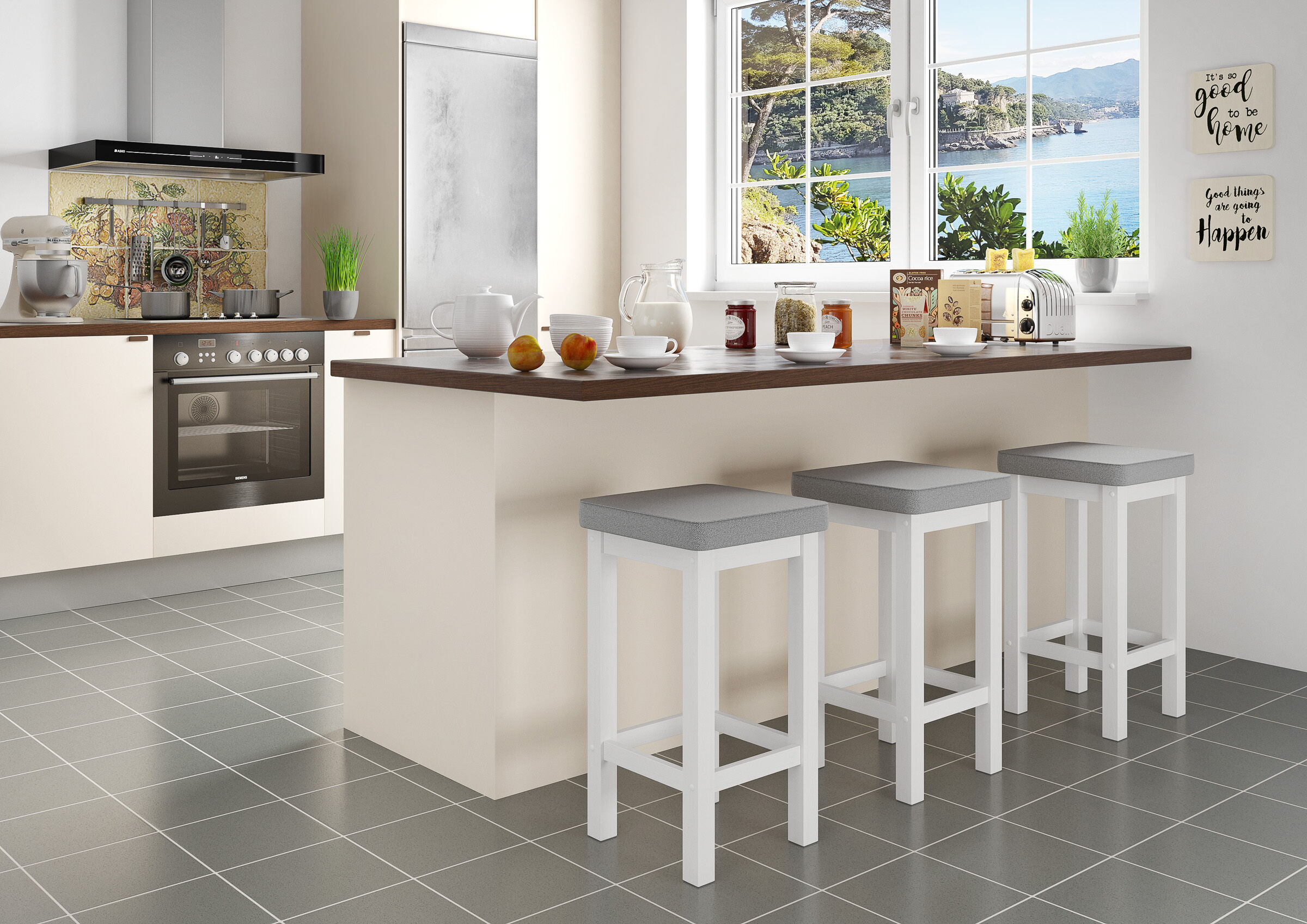 Drinnen, Küche, Innenarchitektur, Barhocker, Kücheninsel,