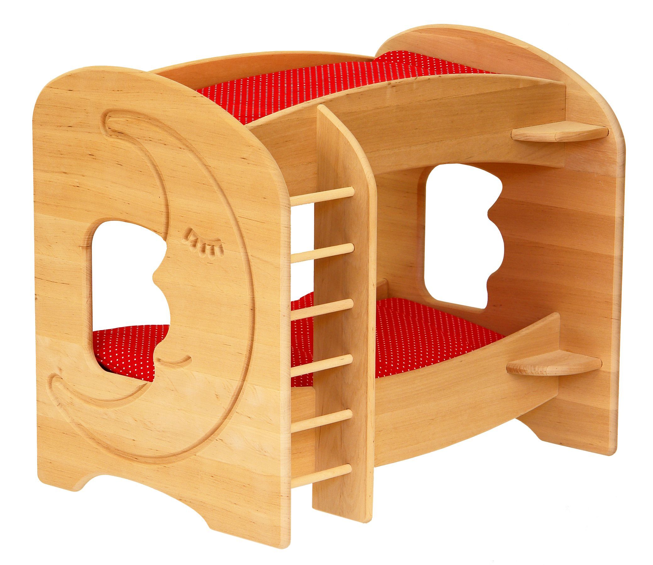 Holzbett, Babybett, Holzspielzeug, Holzrahmen, Rotes Polster, Etagenbett für Puppen