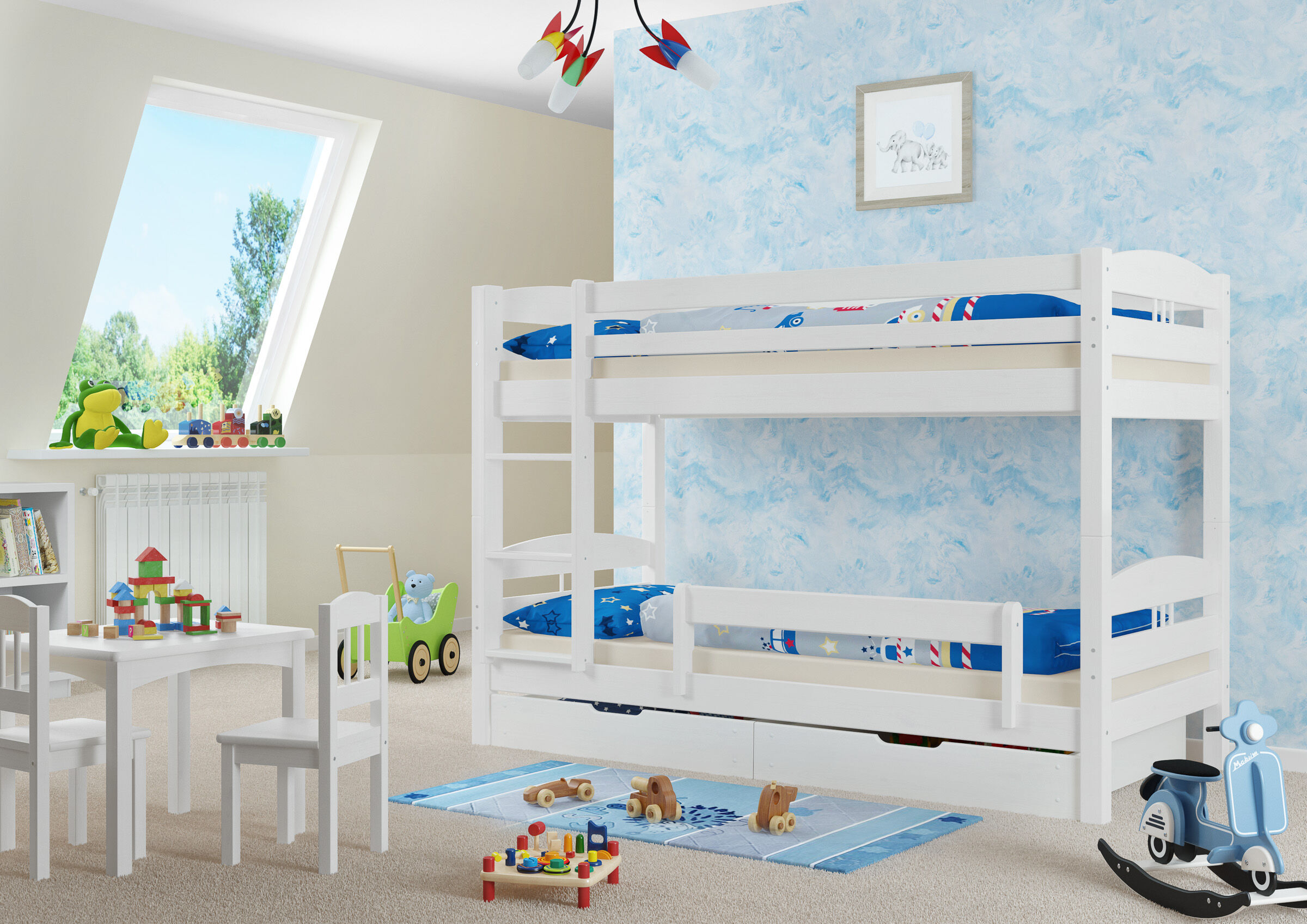 Etagenbett, weiße Holzkonstruktion, Kinderzimmer, blaues Wandmuster, Spielzeug, Weiß mit 60.Kisi-B20