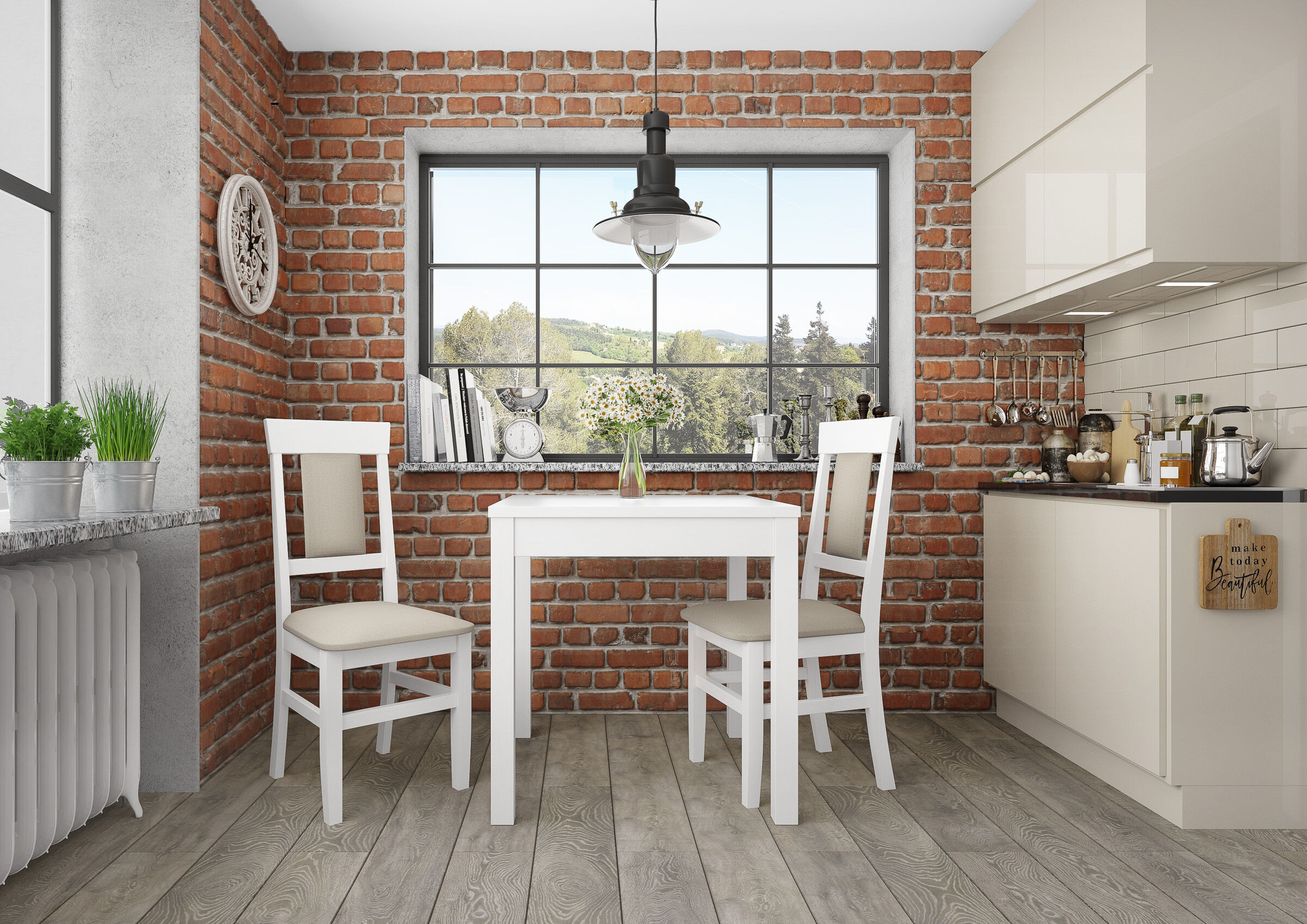 kitchen, Ziegelwand, Inneneinrichtung, Tisch, Stühle, Küchenstuhl weiß taupe