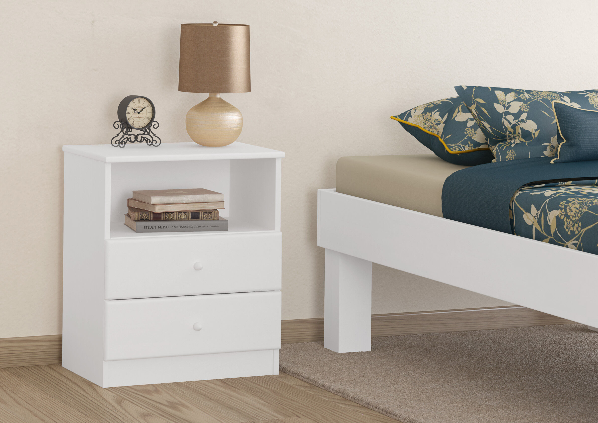 nachtisch, nachtkommode, tischlampe, buchstapel, bett, Nachttisch weiß Zimmer