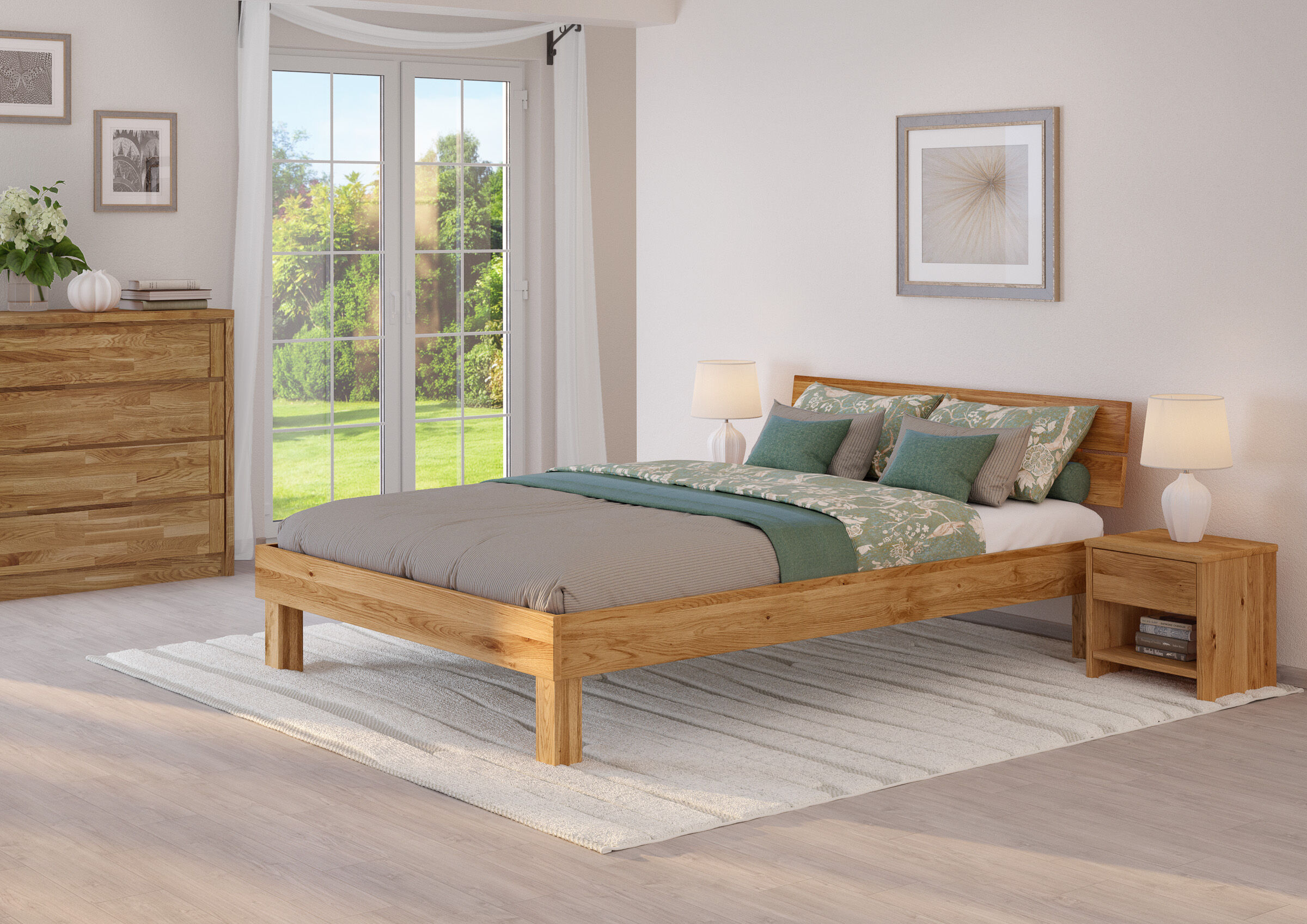 bett, bettgestell, holz, bettwäsche, tischlampe, Zimmerbild des Massivholzbettes 160x200 aus Eiche