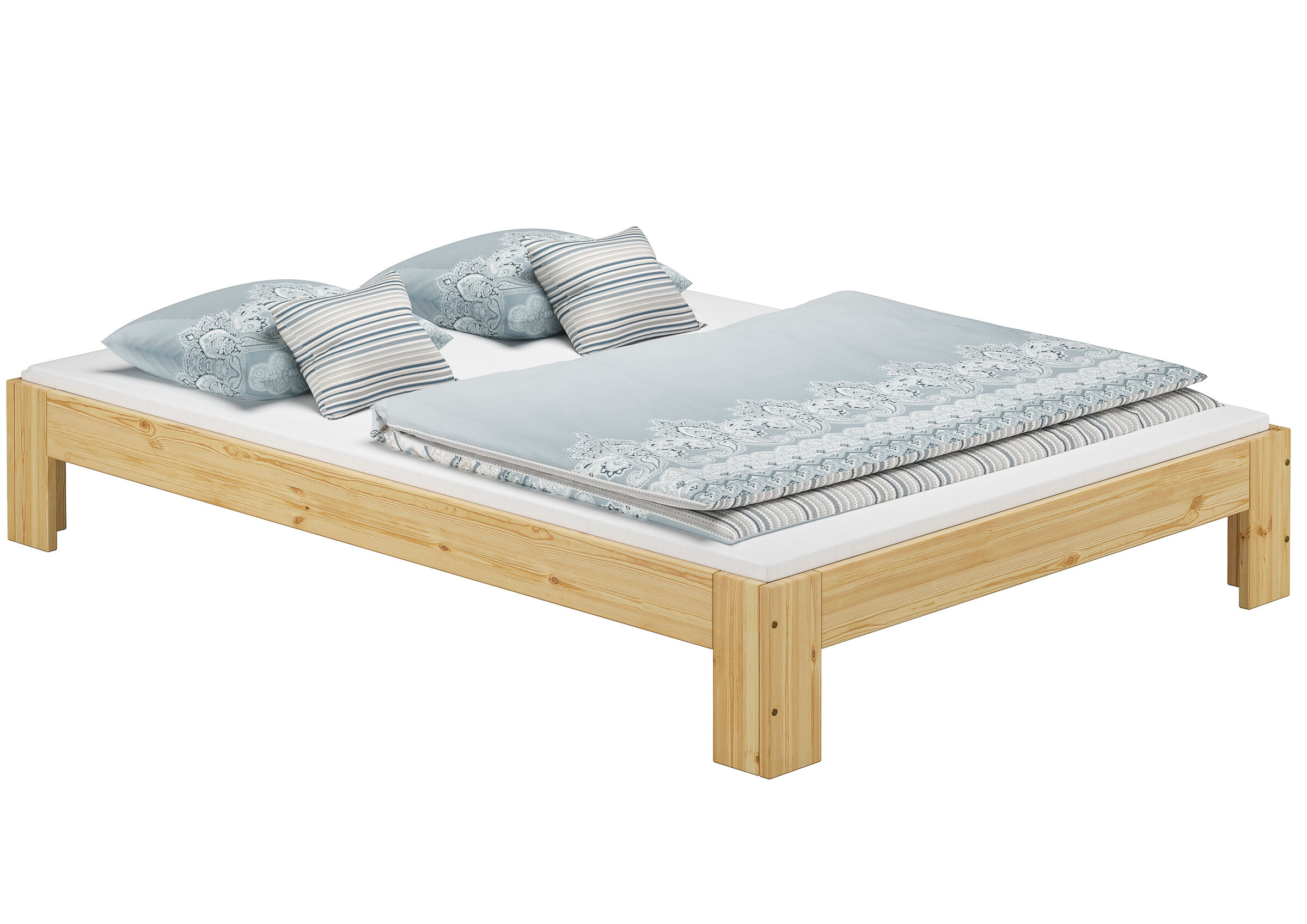 bettgestell, holzbettrahmen, king-size, bettdecke, kissen-sets, Doppelbett Kiefer natur mit Matratze
