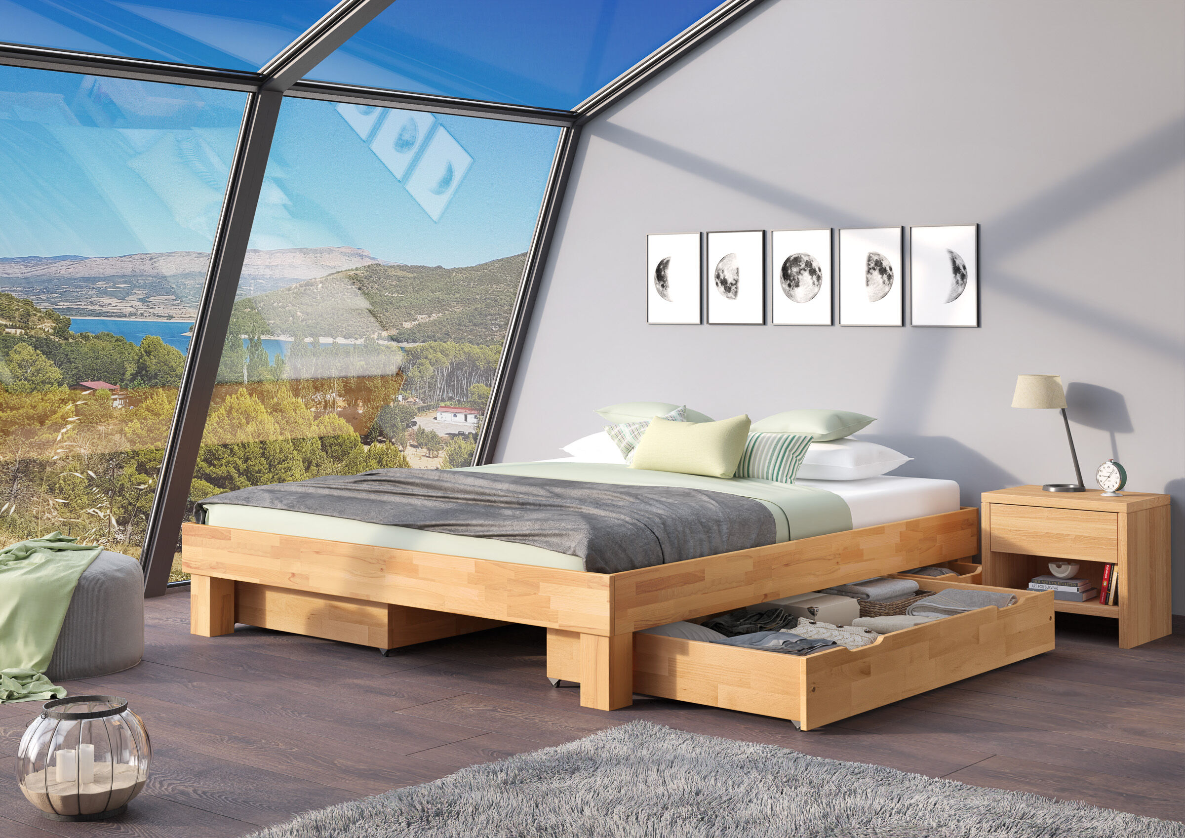 Bettkastensystem mit großer und kleiner Box Innenarchitektur, Mobiliar, Bett, Lampe, Schlafzimmer, Kernbuche-Bettkastensystem