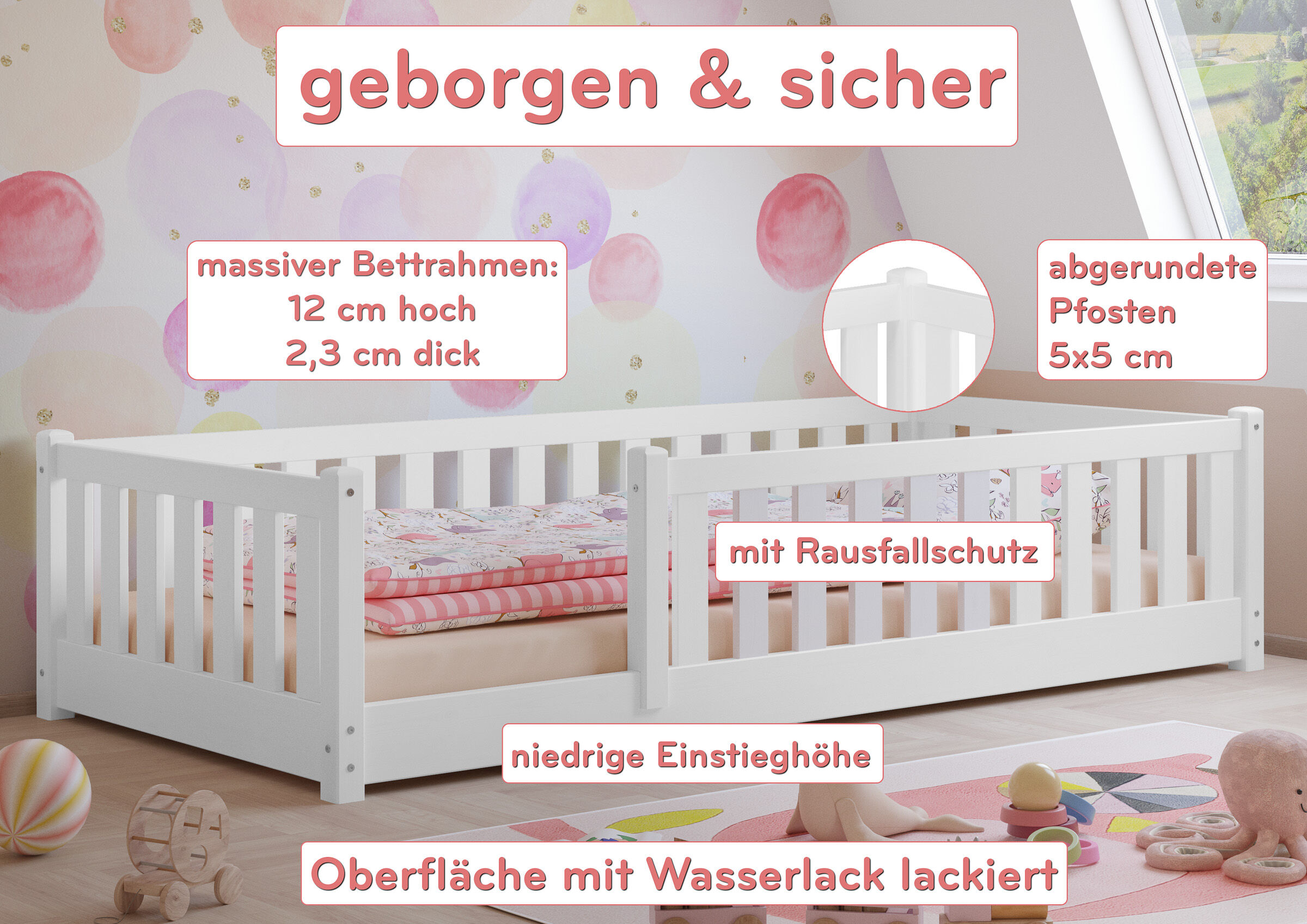 Kinderbett, weißes Bett, Gitterbett, Wasserlackiert, Rausfallschutz, Highlights des waschweißen Bettes 90x200