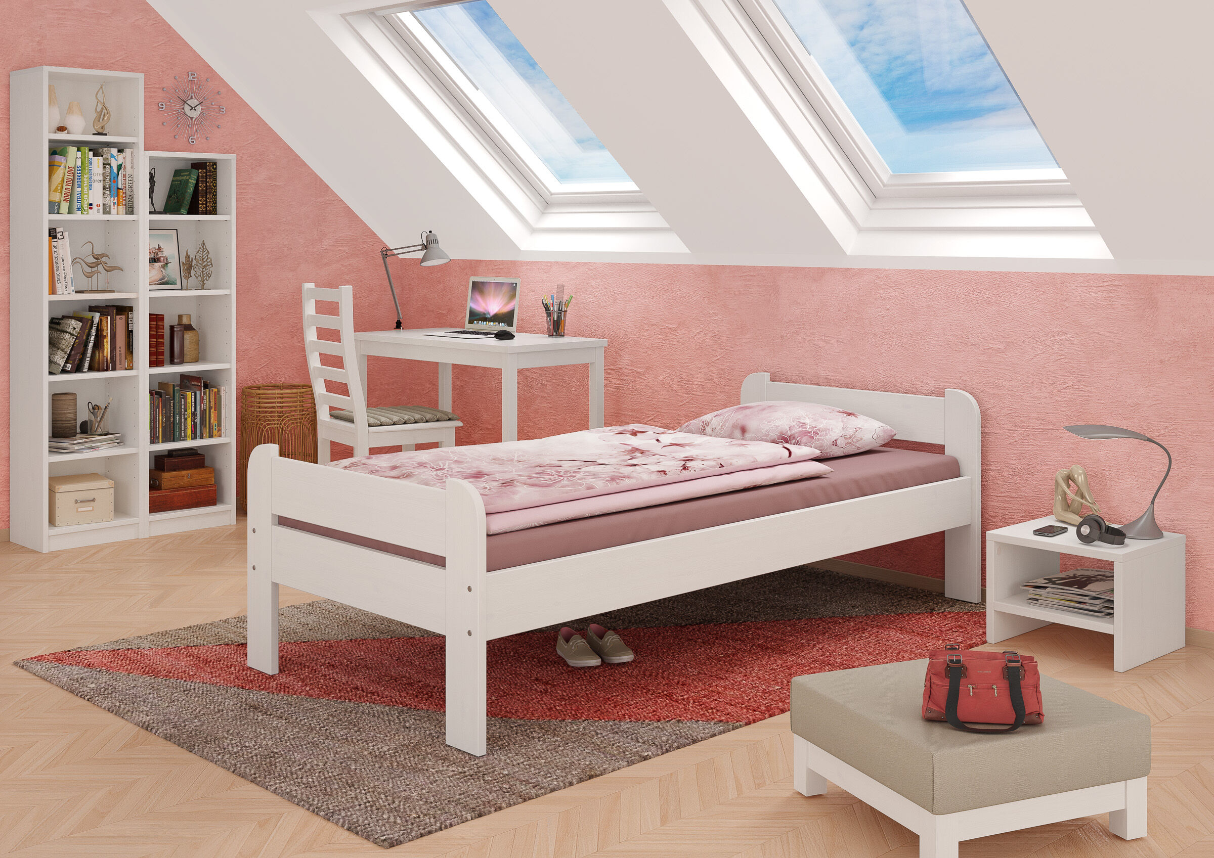 Einzelbett, Weißes Holz, Kissen, Rosa Wand, Arbeitsplatz, Kinderzimmer-weißes Bett-90x200