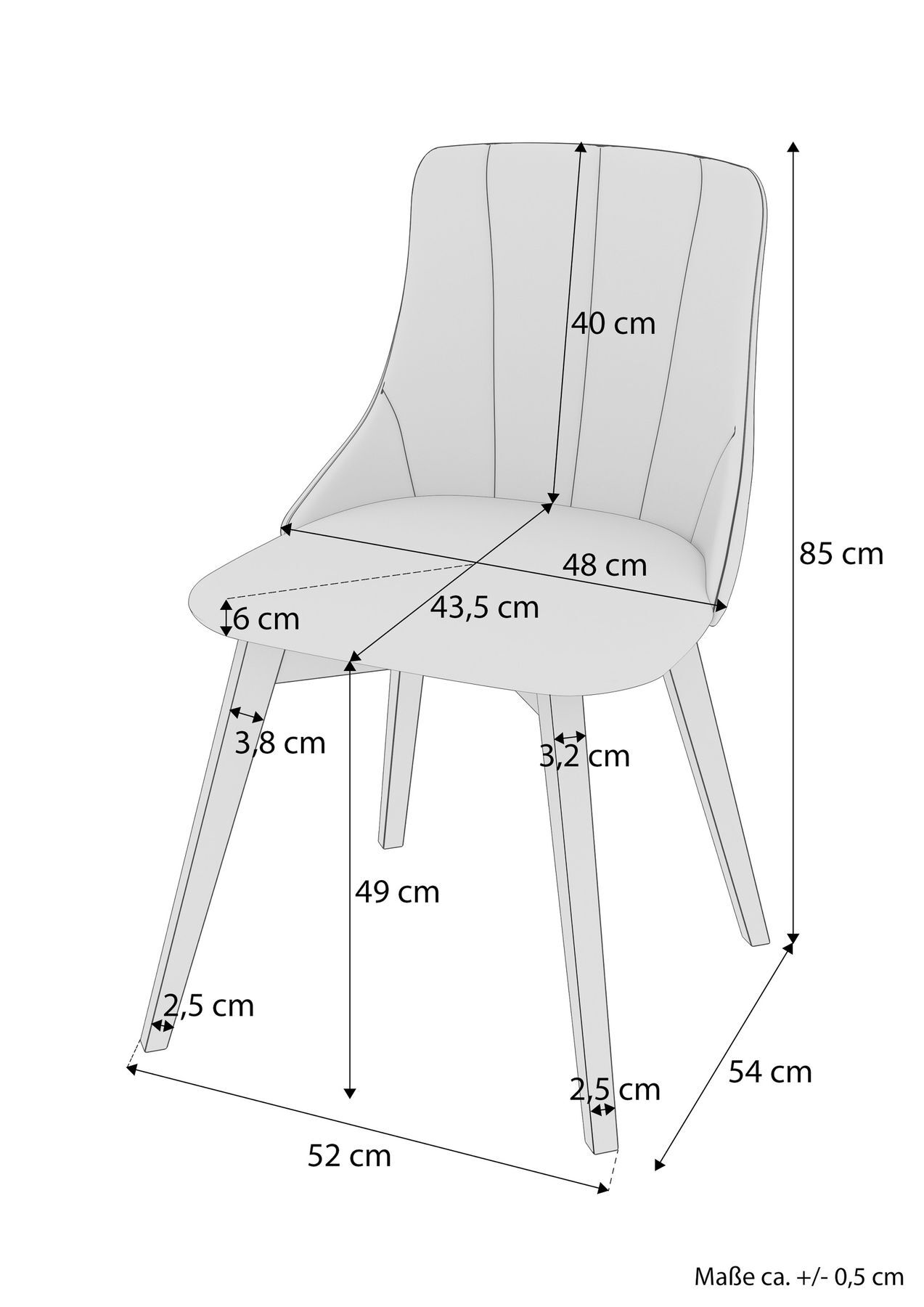 Stuhl, Sessel, Stuhl mit Rückenlehne, Holzbeine, Polsterstuhl, Maßskizze Polsterstuhl