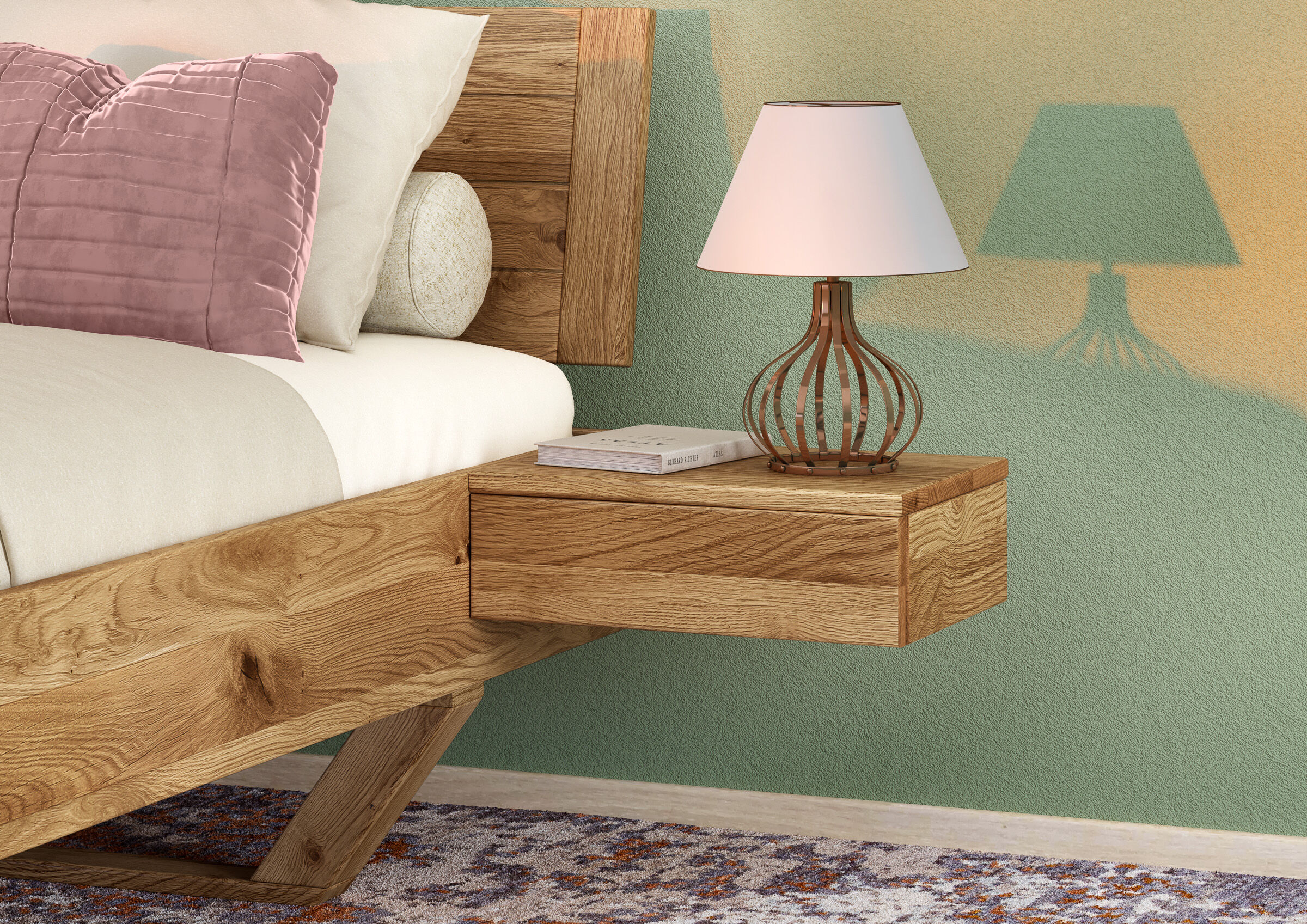 Holzbett, Nachttisch, Nachttischlampe, Kopfteil, Bettgestell,