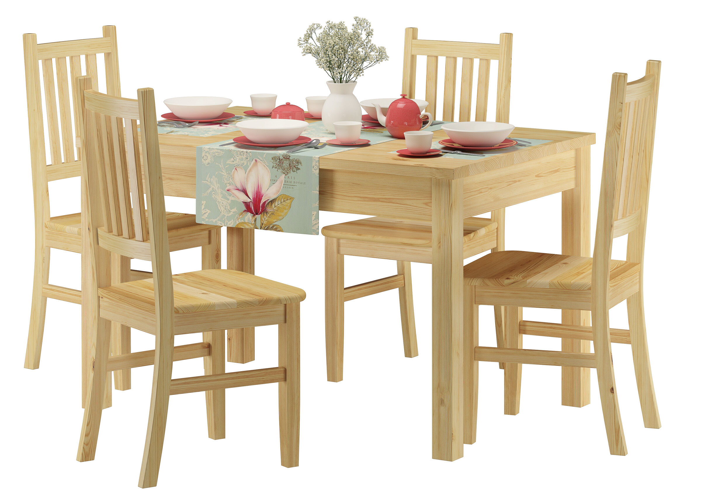 Esstisch, Stühle, Holztisch, Sitzgruppe, Tischset, Tisch und 4 Stühle Kiefer natur