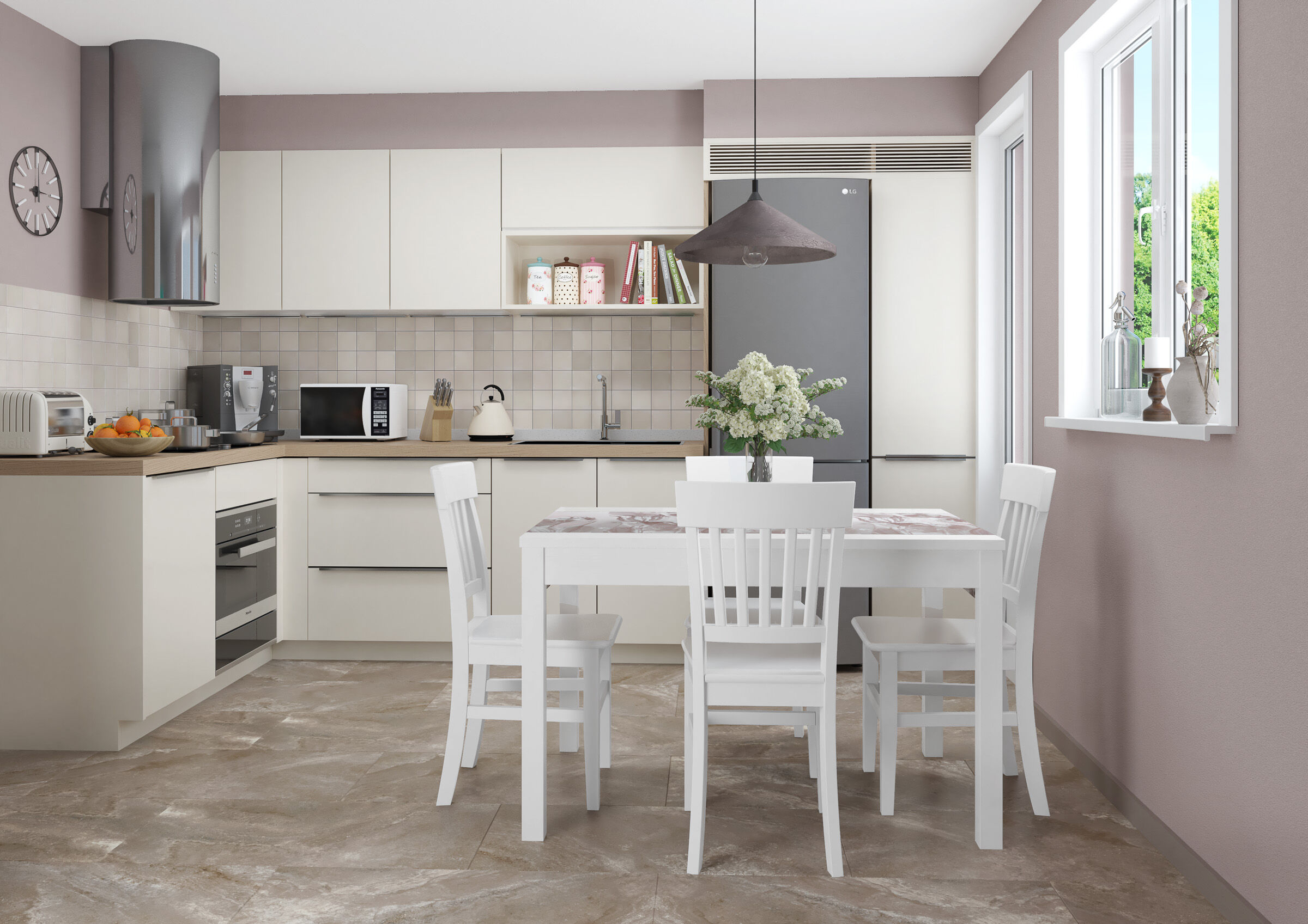 Küche, Küchenset, Kühlschrank, Tisch, Stuhl, Küchentisch weiß