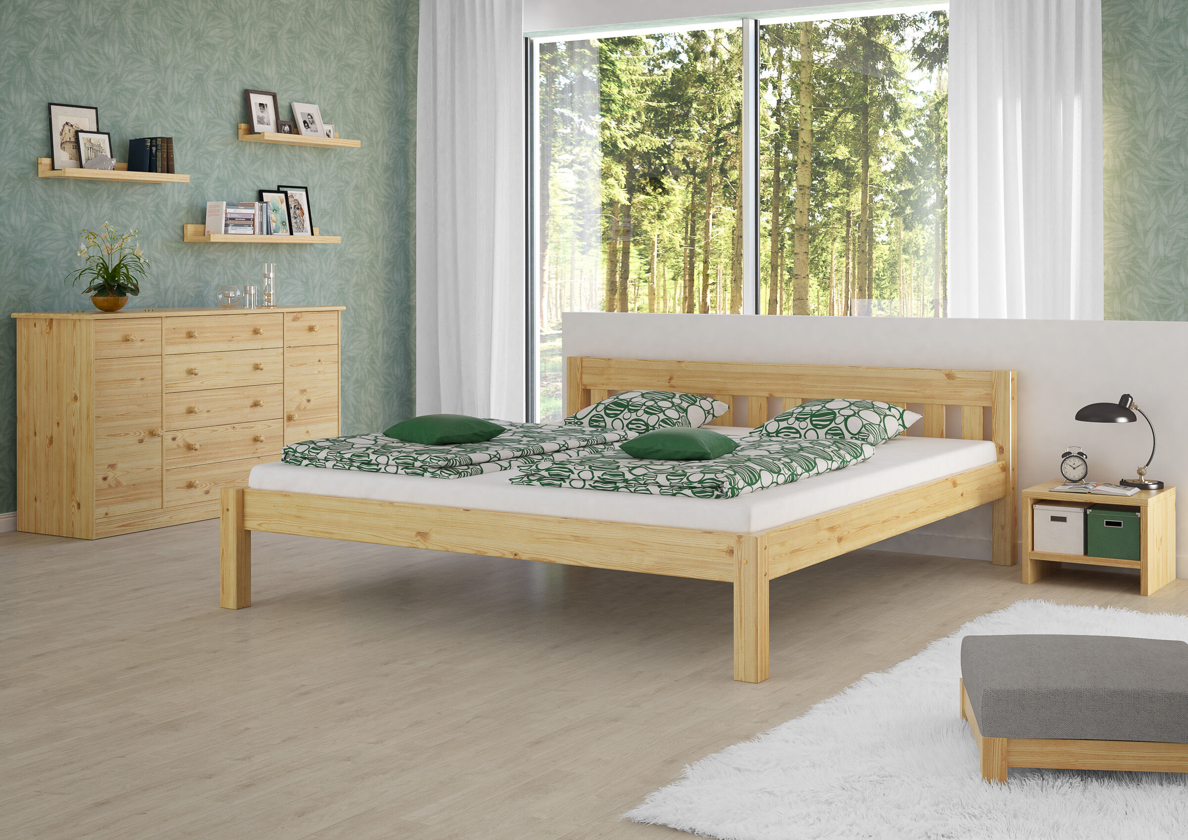 Kiefernbett, Holzbett, Doppelbett, Naturholz, Grünes Bettwäsche-Set, Schlafzimmer mit Ehebett Kiefer natur