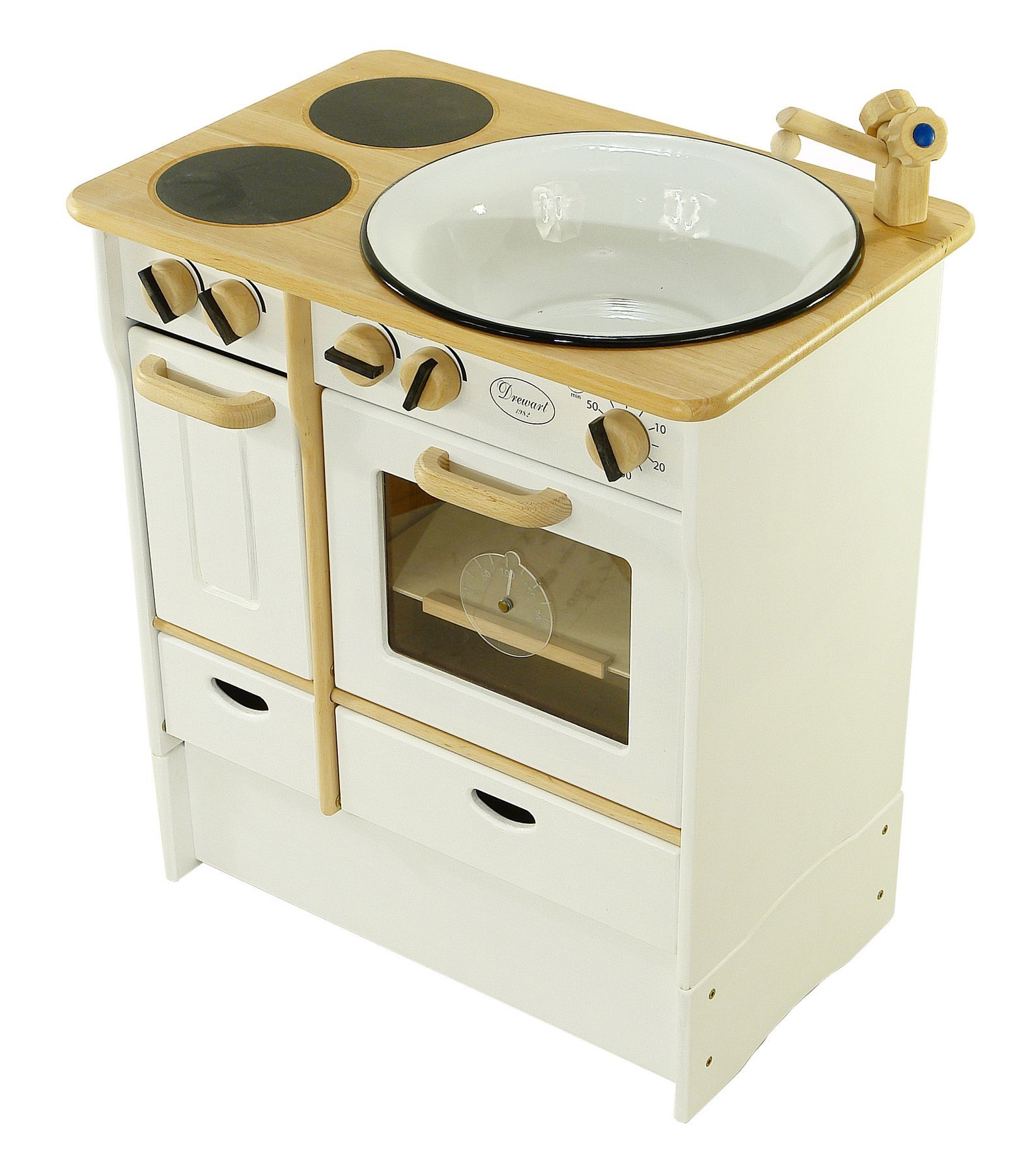 Küchen-Spielzeug, Holzküche, Kinderküche, Backofen, Topfset, Kinderküche weiß mit Erhöhung