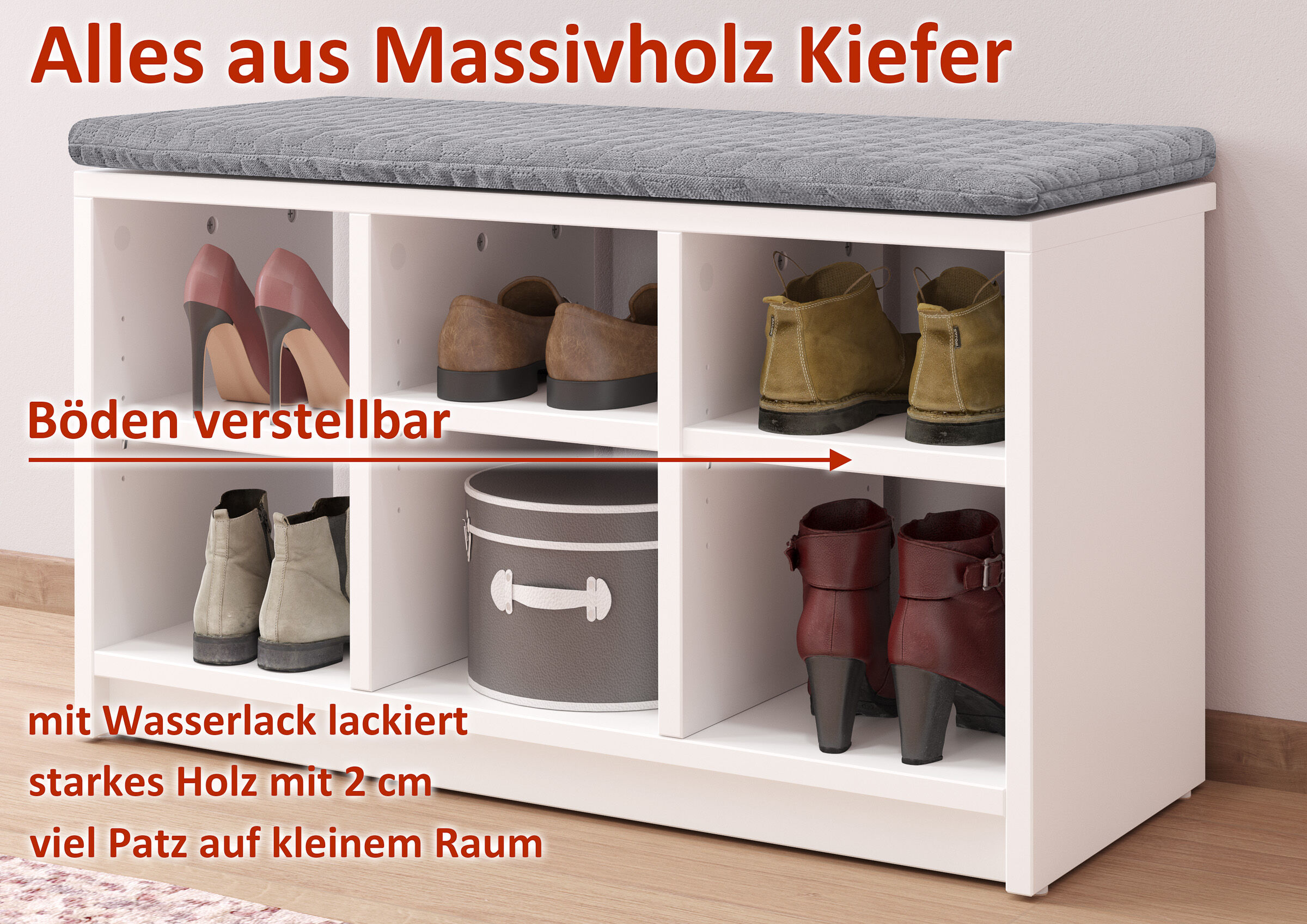 Schuhschrank, Massivholz, Garderobenbank, Schuhe, Aufbewahrung, Schuhbank Massivholz weiß