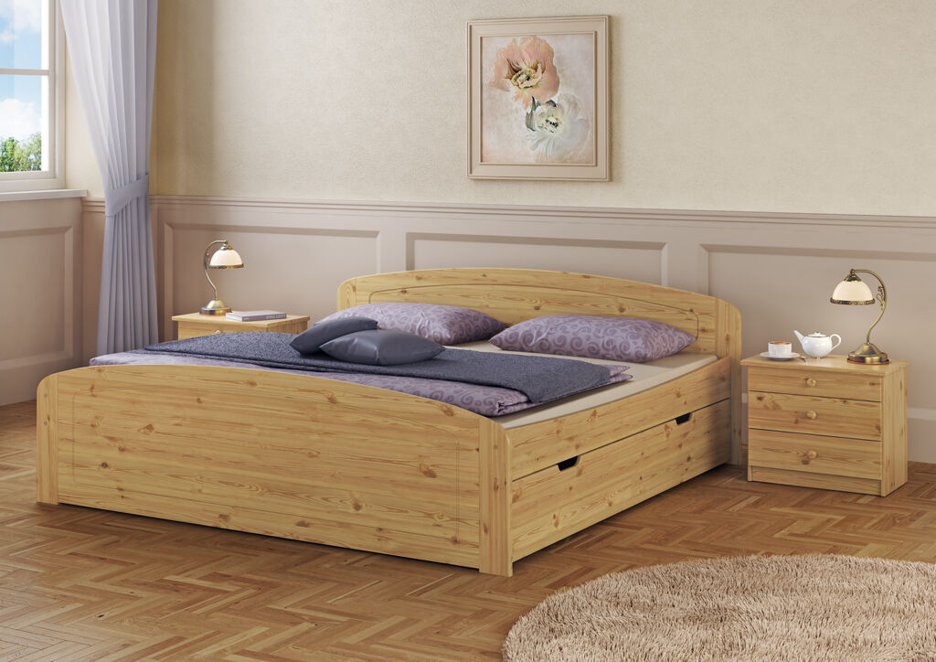 Bettenrahmen, Holzbett, Nachttisch, Kopfteil, Schublade, Zimmerbild Kiefer natur mit Bettkästen