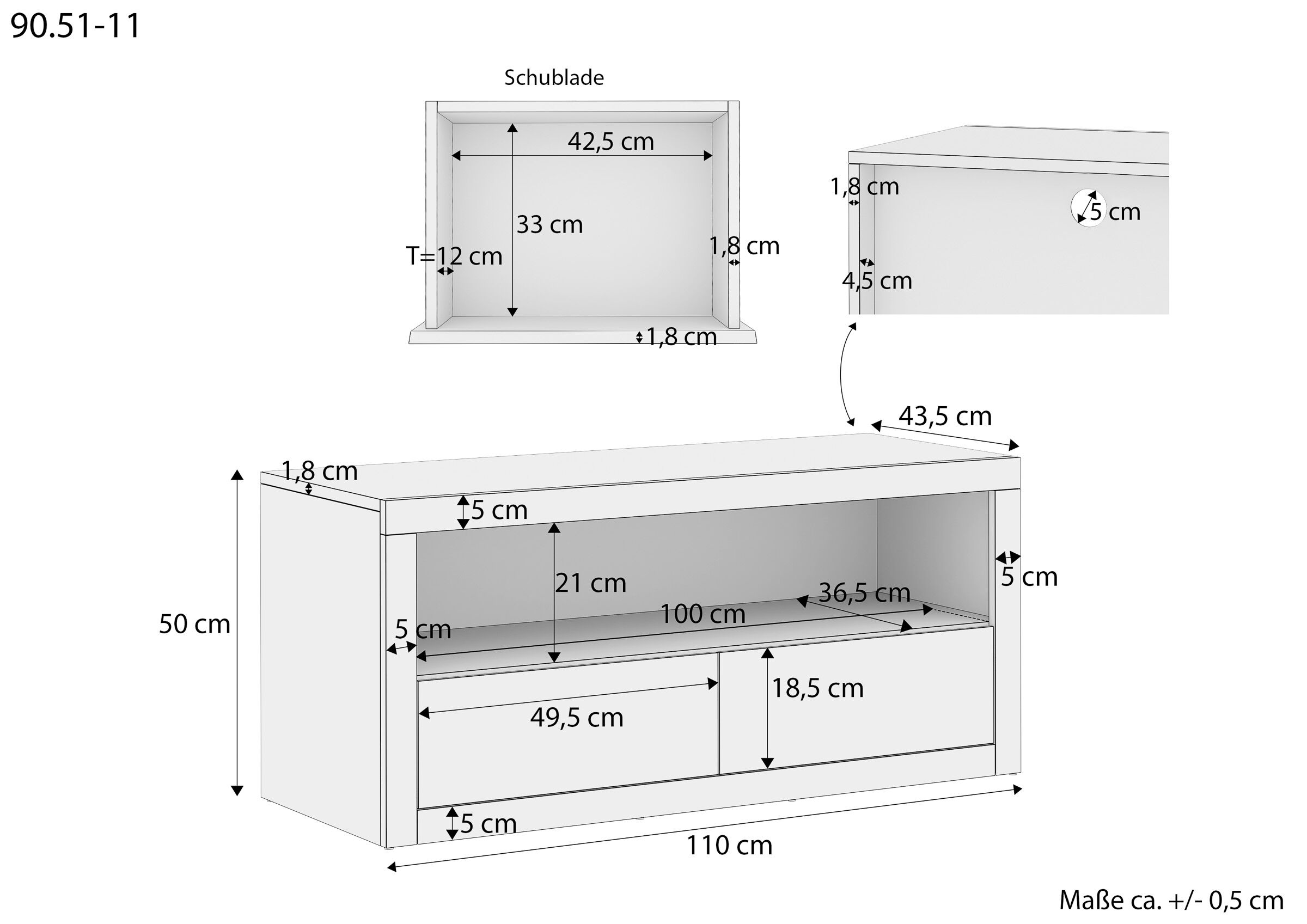 Schublade, Sideboard, Kasten, Maßangaben, Holzoptik, Maßskizze des TV-Lowboards