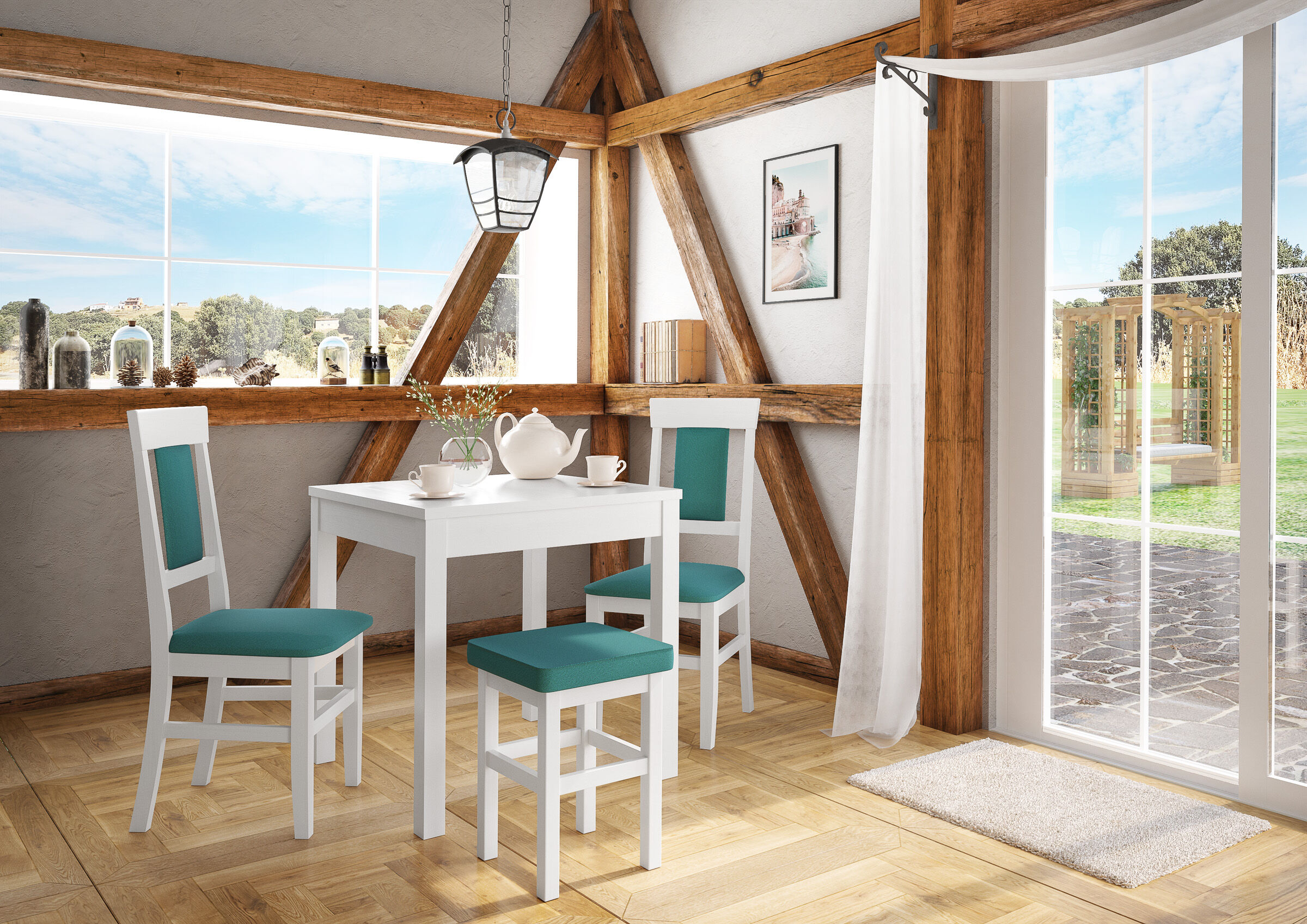 Küche Tisch, weißer Tisch, Türkis Stühle, Holzträger Innenraum, sonnendurchfluteter Essbereich,