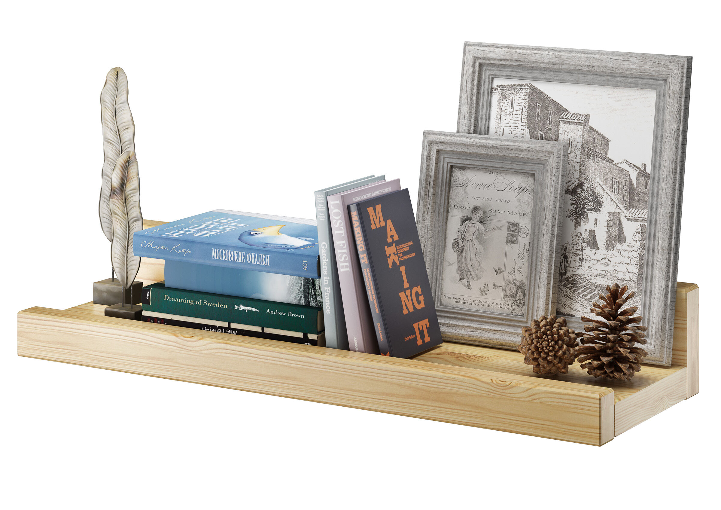 Buchregal, Bücherstapel, Frames, Fotodruckrahmen, Deko-Igelkegel, Elegantes Wandregal