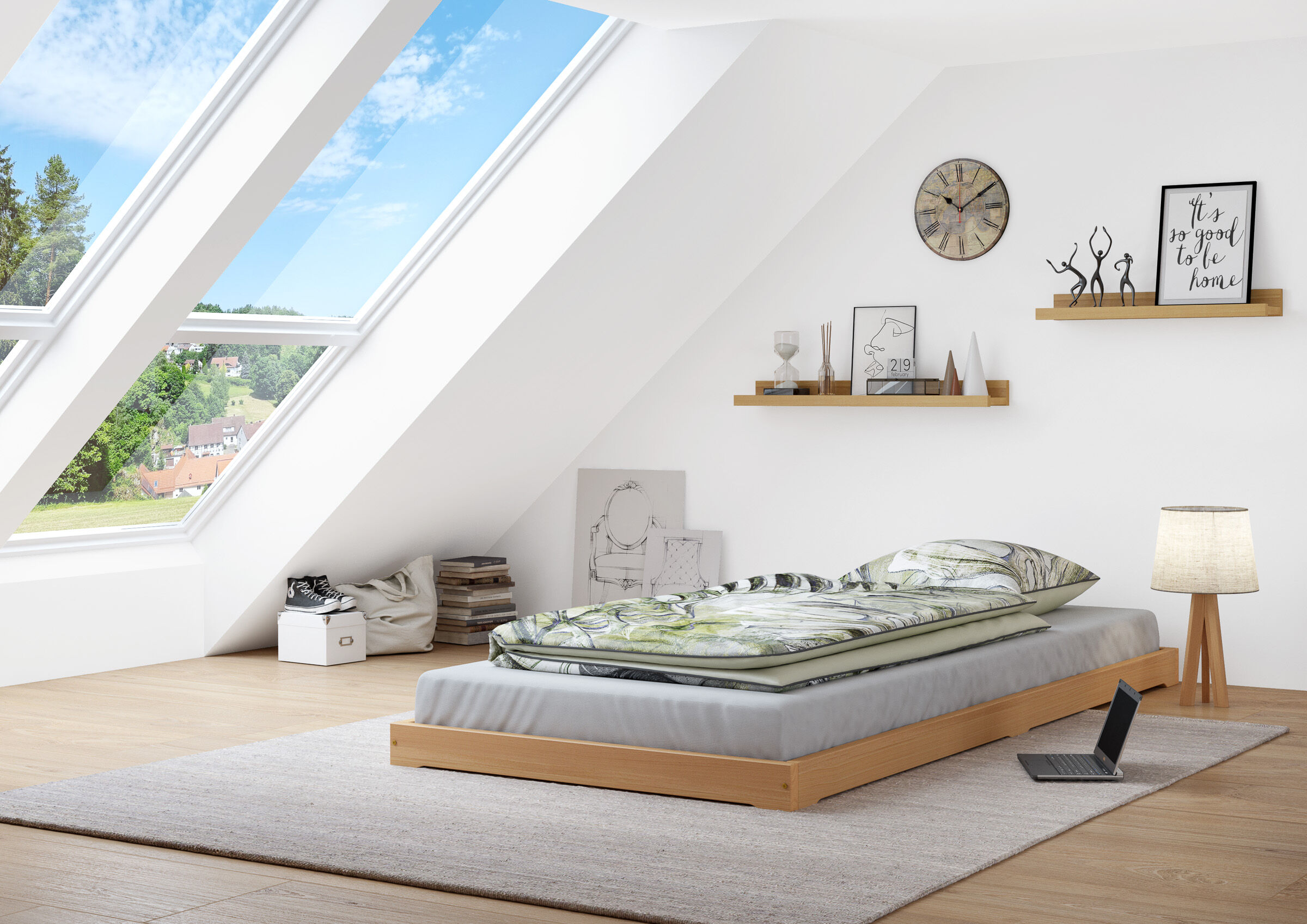 bett, bettgestell, duo bett, schlafzimmer, bodenlampe, Zimmerbild mit Niederflurbett Buche massiv