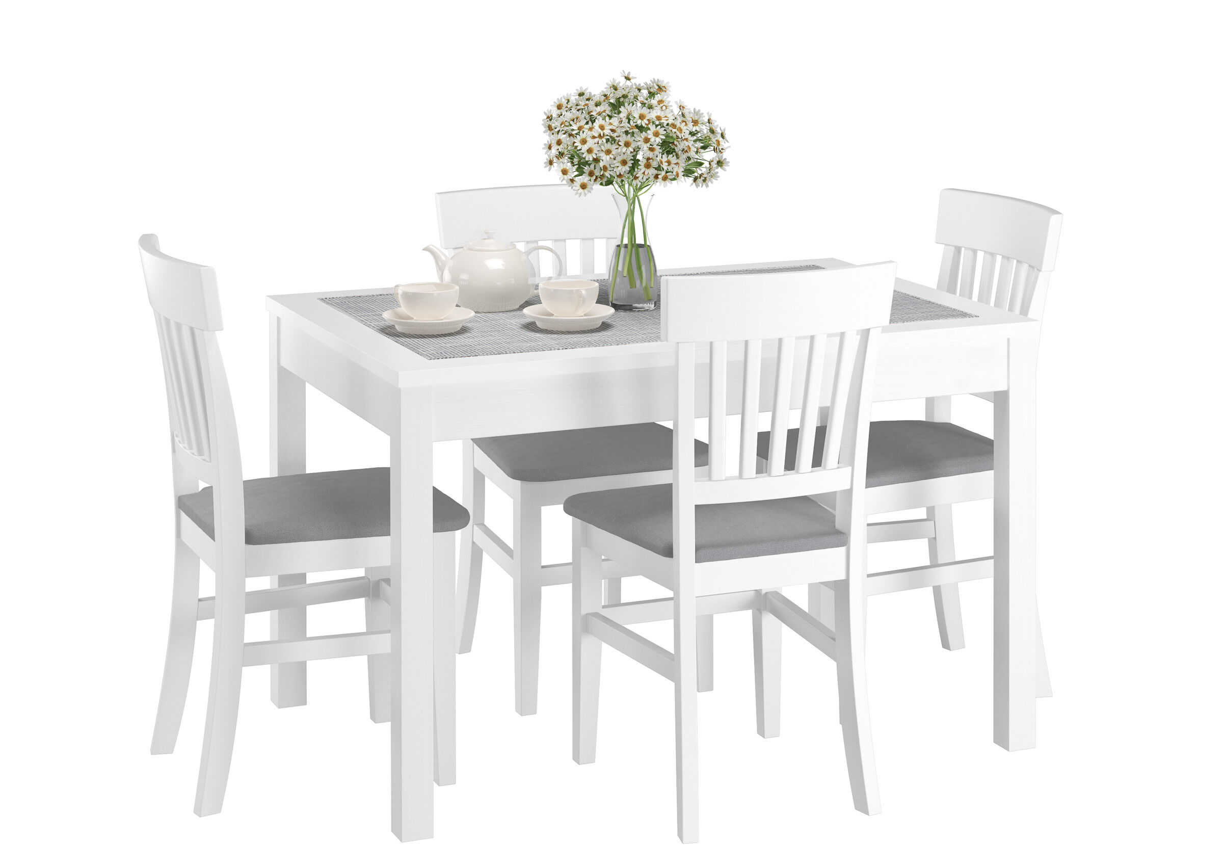 Esstisch, 4-Stuhl-Set, weißer Esstisch, 4 Stühle, Blumenvasen, Esszimmergarnitur weiß mit grauer Sitzfläche Stuhl