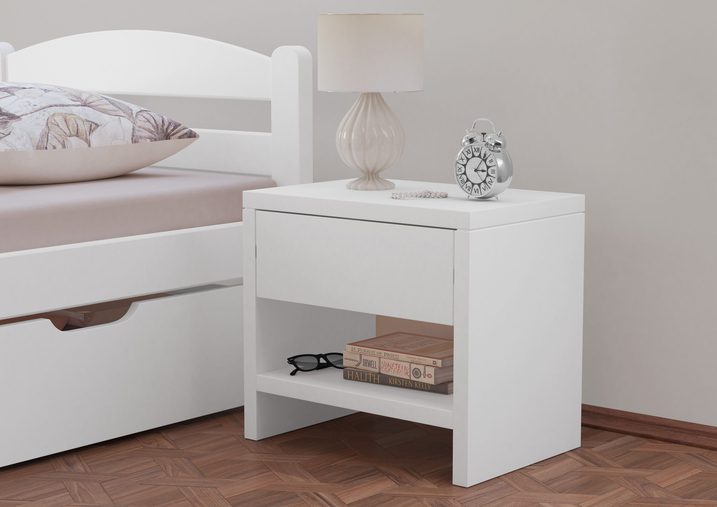 Schlafzimmer, Nachttisch, Weißer Tisch, Lampe, Bücherstapel, Nachttisch weiß Zimmer