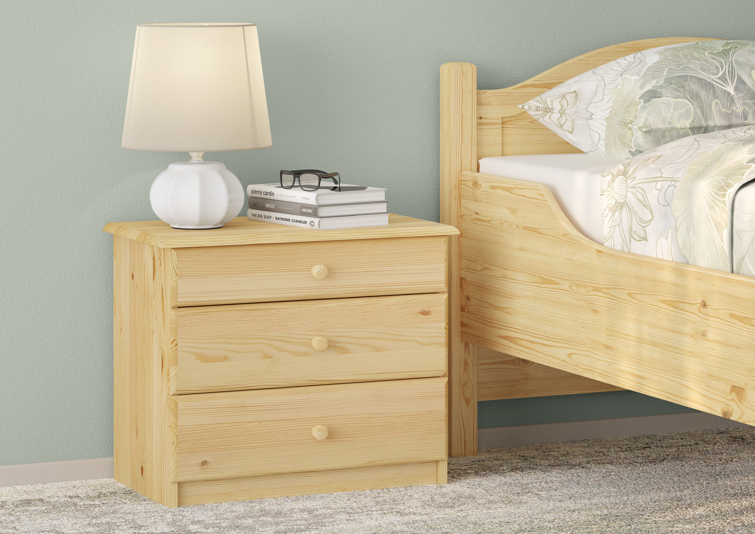 Nachttisch, Schubladenkommode, Holz, Birke, Beleuchtung, Nachtisch aus Kiefer mit 3 Schubladen