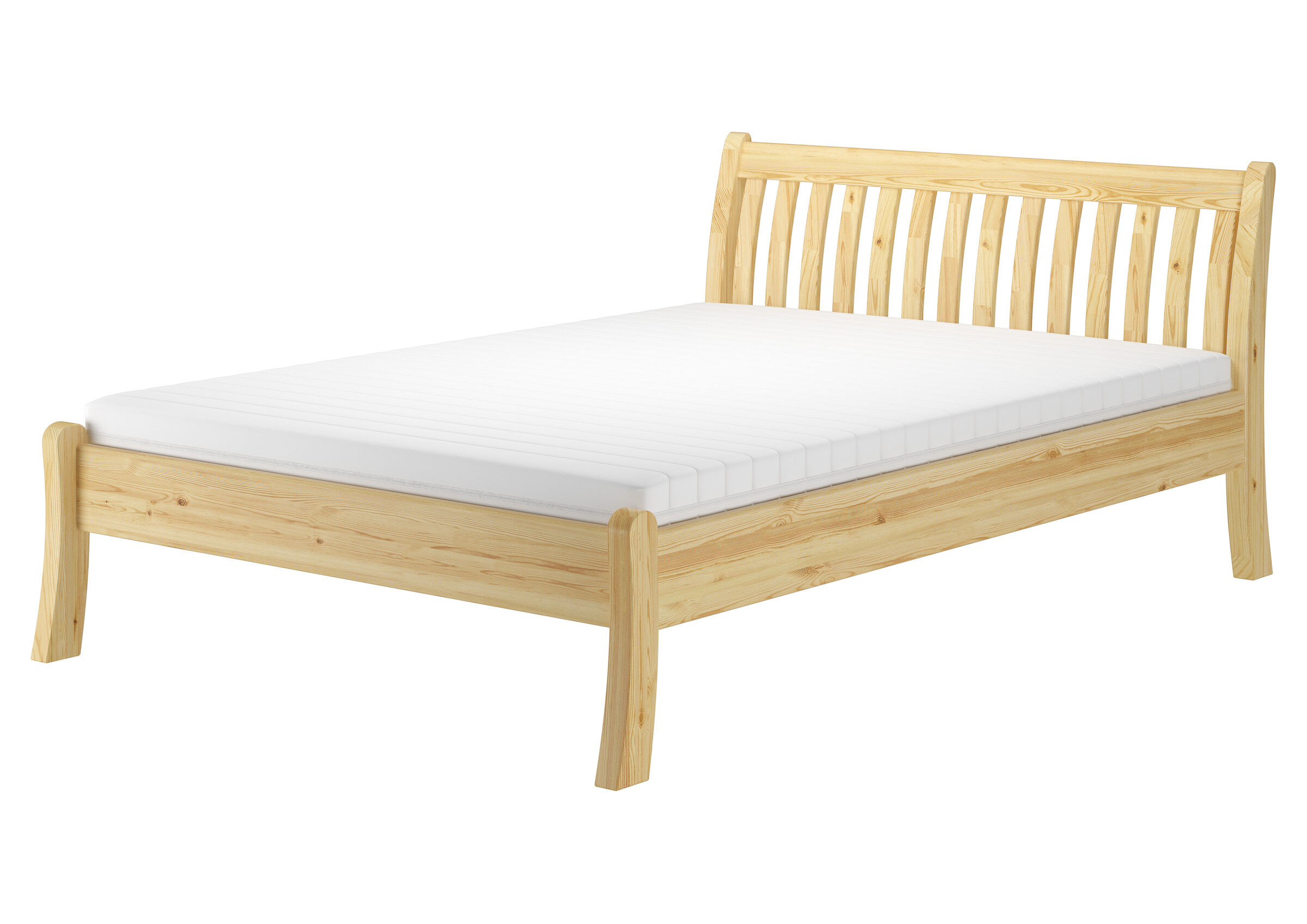 Holzbettrahmen, Holzbett, Massivholz, Doppelbett, weiße Matratze, Doppelbett in Kiefer natur